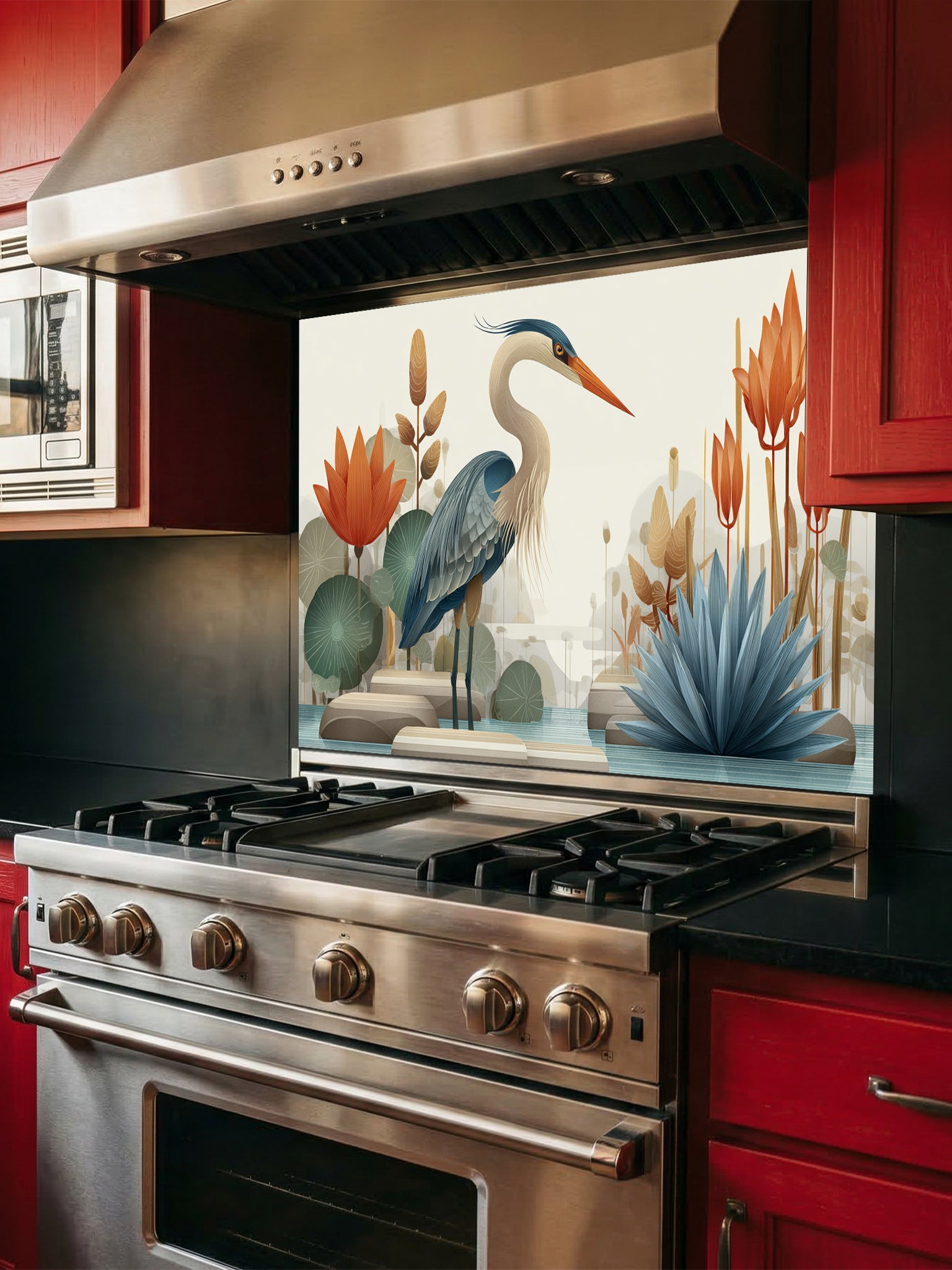 Tempered glass kitchen backsplash featuring a crisp, modern minimalist flat illustration of a grey heron standing among geometric teal lotus leaves, smooth river stones, and tall orange architectural flowers against a smooth cream background, installed behind a modern black stove.