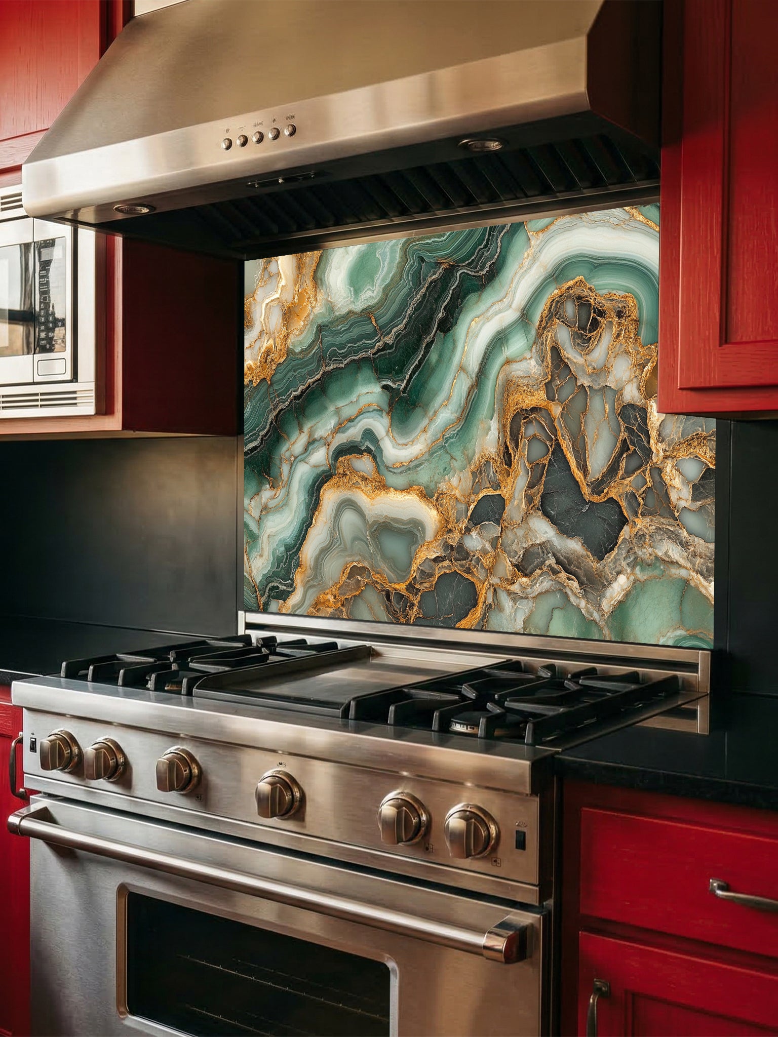 Faux luxury stone slice pattern featuring deep emerald green agate layers and striking gold veins, UV printed on a smooth tempered glass kitchen backsplash.