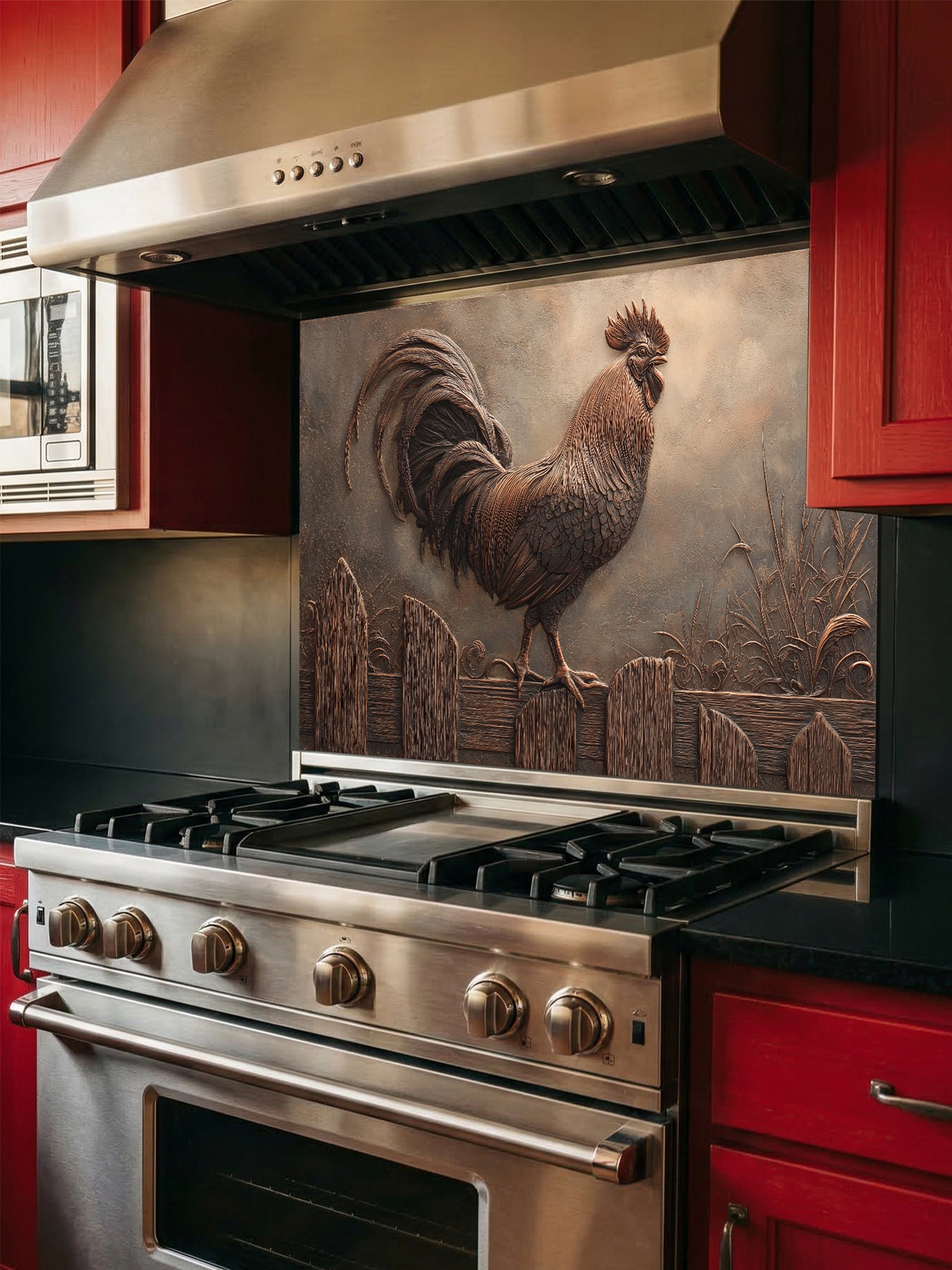 Tempered glass kitchen backsplash featuring a highly realistic 3D faux copper metal relief design of a rustic rooster standing on a fence, installed behind a modern stainless steel stove.