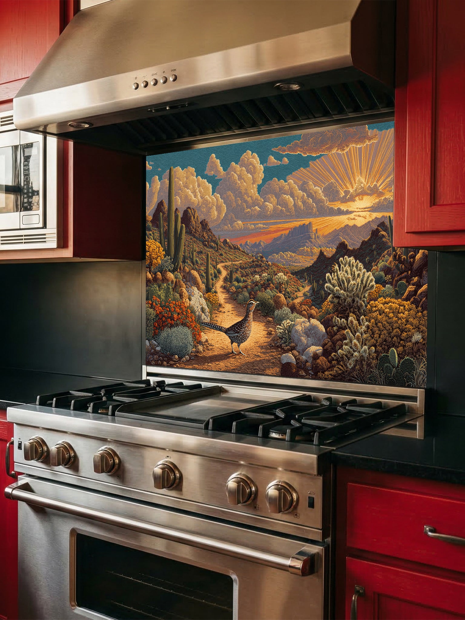 Tempered glass kitchen backsplash featuring a highly realistic 3D illusion of a vintage impasto oil painting showing a beautiful Southwestern desert landscape with a dirt trail, saguaro cacti, blooming flora, a quail, and a radiant sunburst sunset, installed behind a modern black stove.