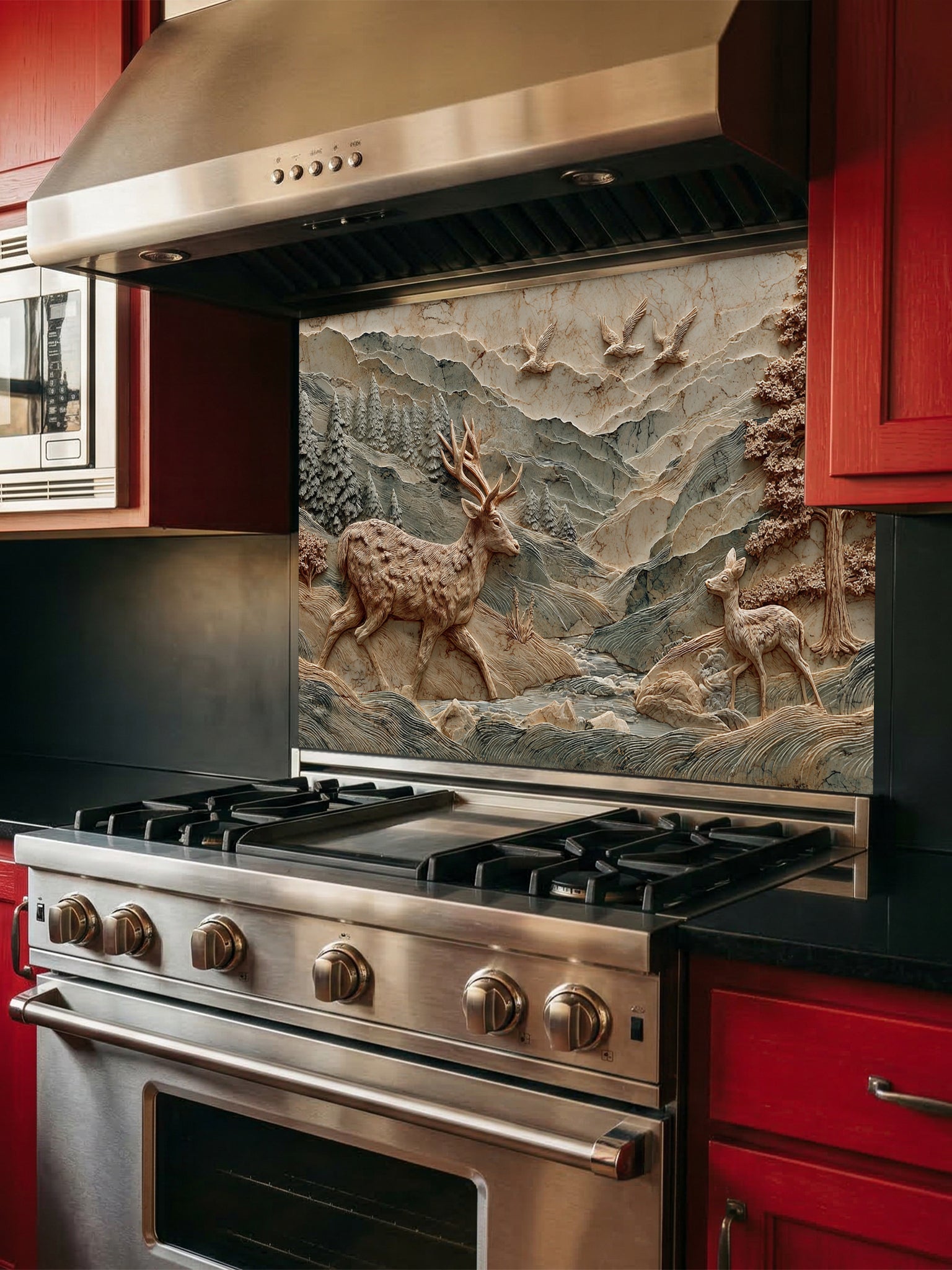 Tempered glass kitchen backsplash featuring a highly realistic 3D illusion of an intricately carved wooden bas-relief sculpture showing a majestic stag and a fawn wandering through a textured mountain and pine forest landscape, installed behind a modern black stove.