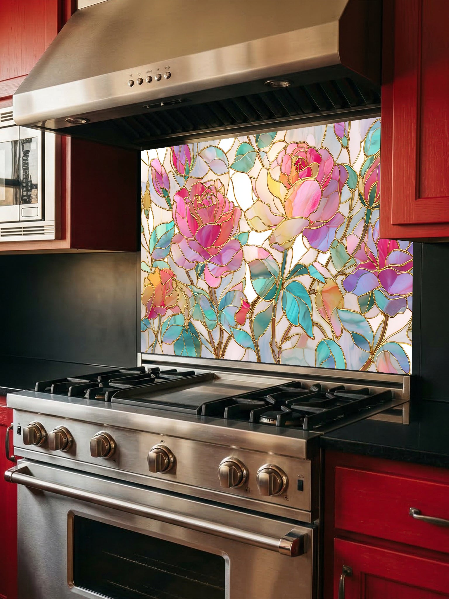 Tempered glass kitchen backsplash featuring a highly realistic 3D illusion of stained glass art showing large, elegant blooming pink and magenta roses with teal and green leaves, beautifully outlined in faux gold, installed behind a modern black stove.