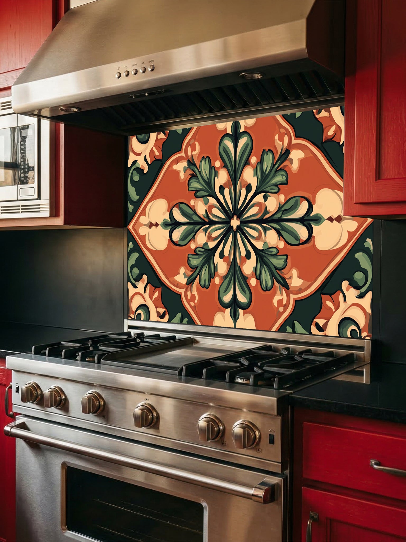 Large vintage style Spanish floral medallion tile mural in terracotta, olive green, and cream, UV printed on a smooth tempered glass kitchen backsplash.