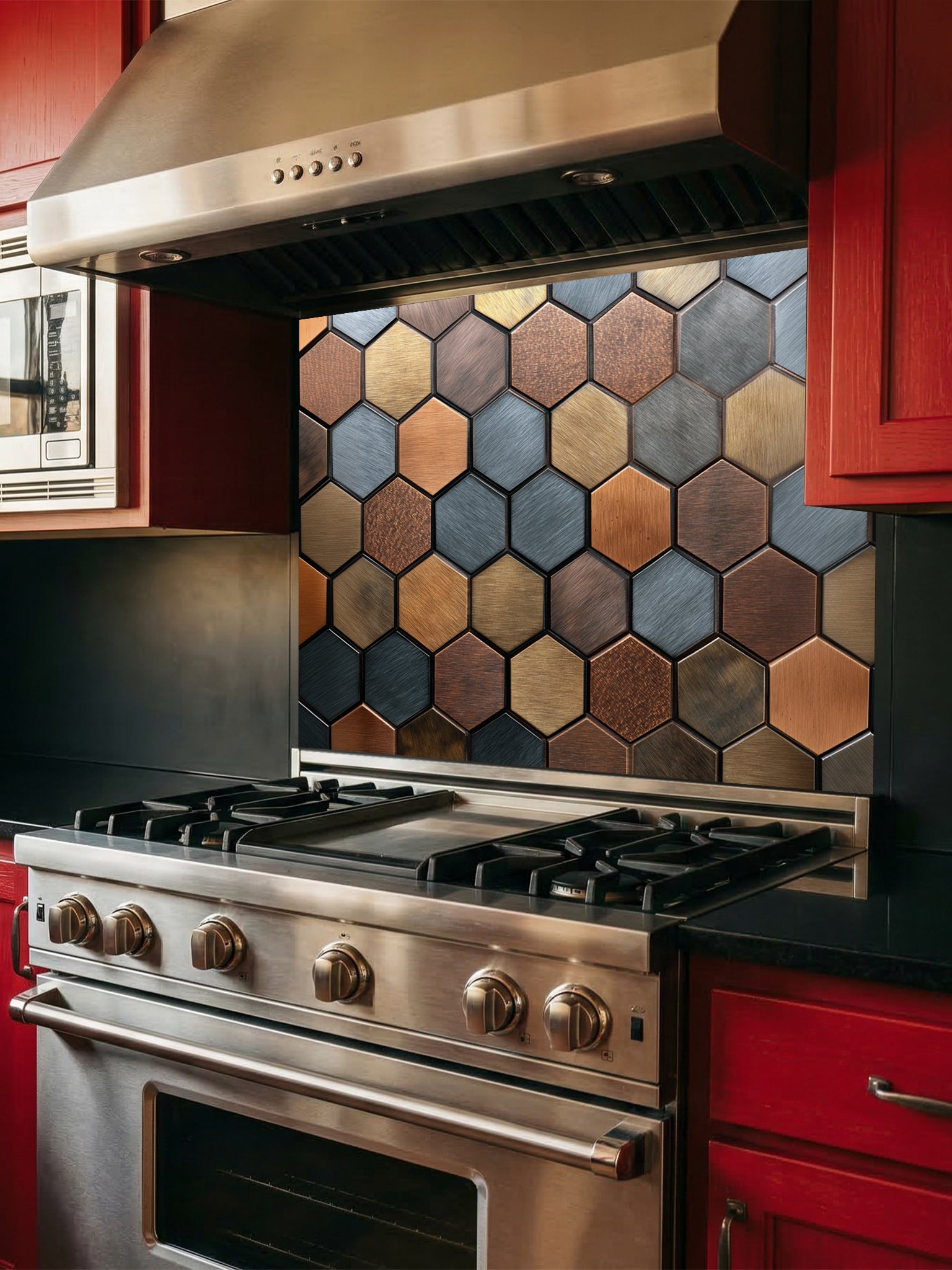 Faux 3D effect mixed metallic hexagon tiles in copper, bronze, and steel tones, UV printed on a smooth tempered glass kitchen backsplash, installed behind a modern stove.