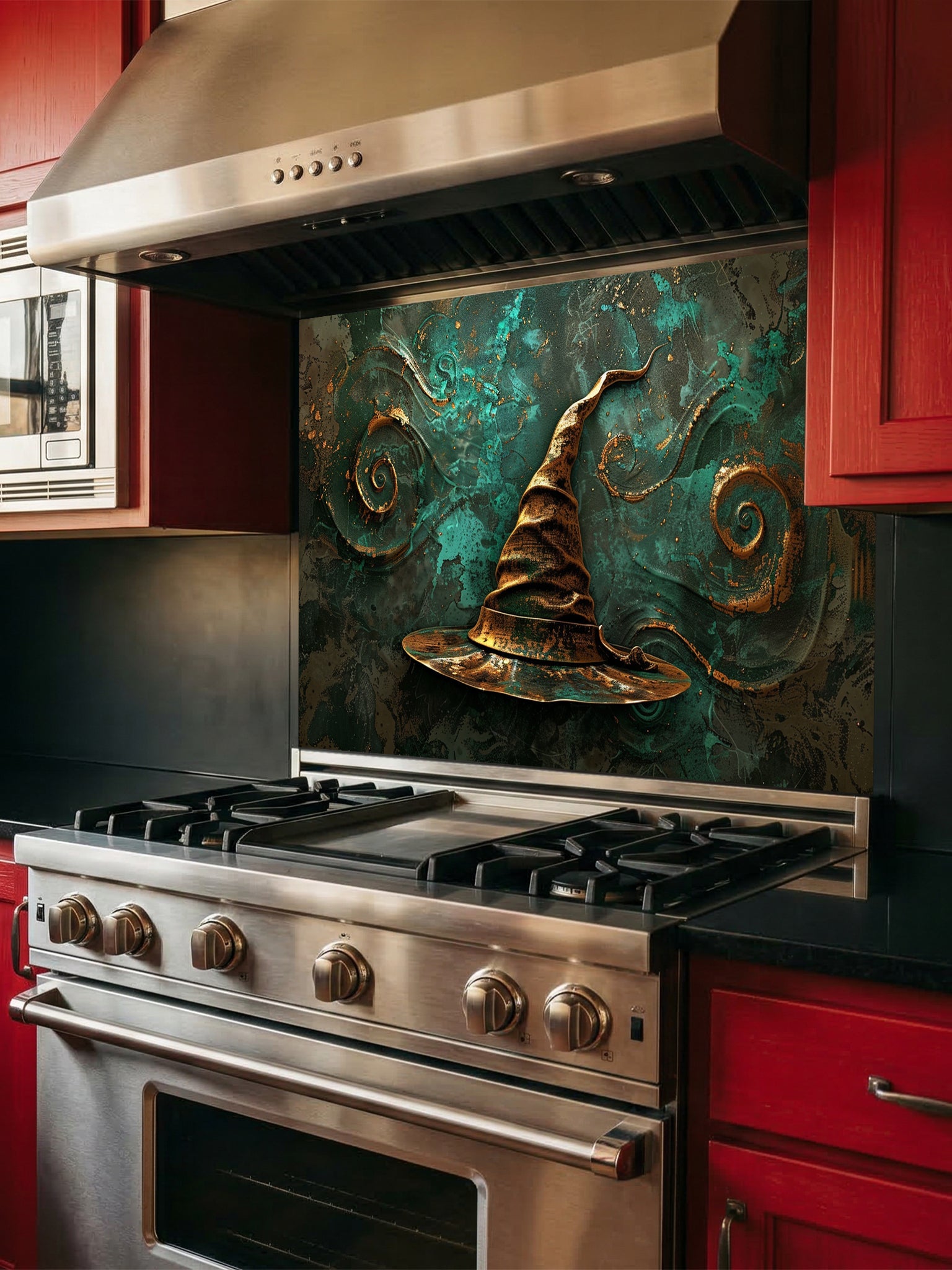 Tempered glass kitchen backsplash featuring a highly realistic 3D illusion of an antique gold sculpted witch or wizard hat surrounded by magical swirling patterns against a textured deep teal background, installed behind a modern black stove.