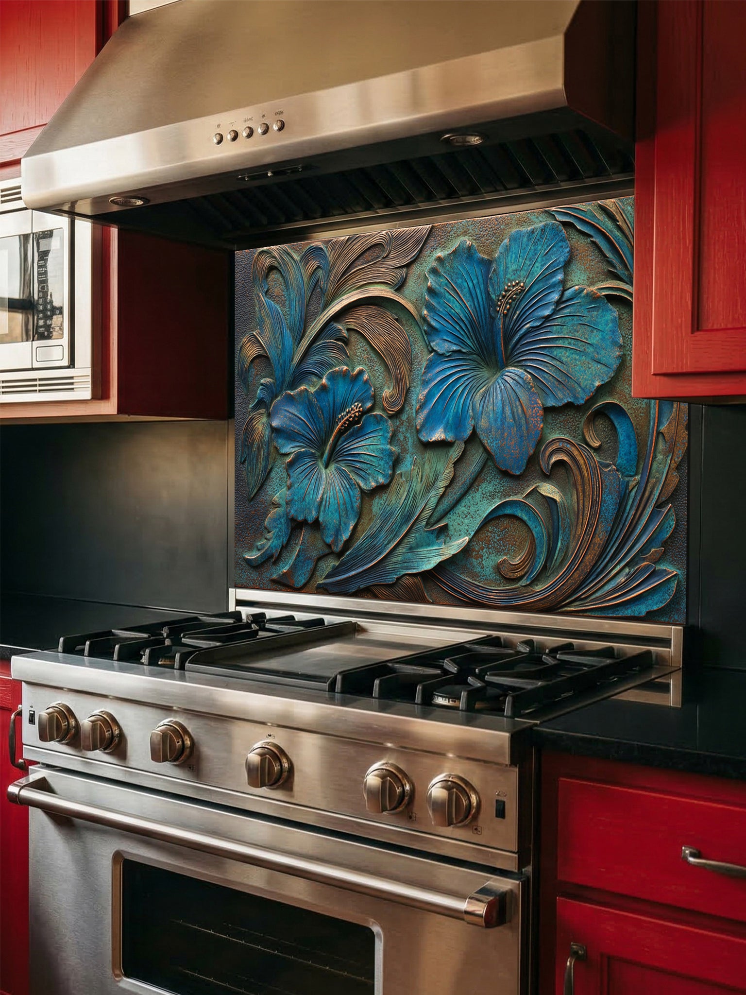 Tempered glass kitchen backsplash featuring a highly realistic 3D faux metal relief design of large tropical hibiscus flowers with a rich teal patina and antique copper accents over a dark textured background, installed behind a modern stainless steel stove.