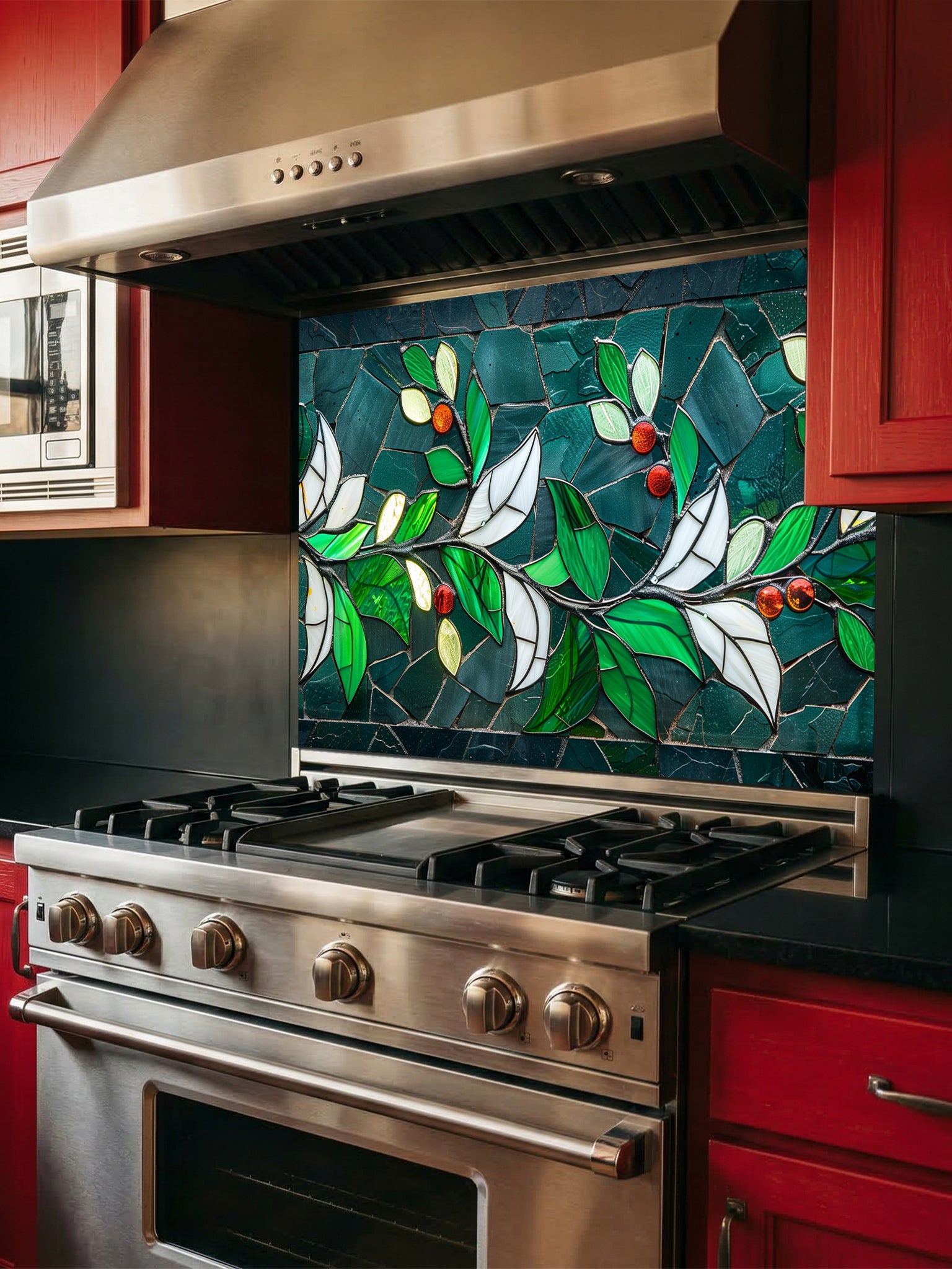 Tempered glass kitchen backsplash featuring a highly realistic 3D illusion of stained glass and mosaic art showing a graceful branch with vibrant emerald green and white leaves and glowing red berries against a dark teal background, installed behind a modern black stove.