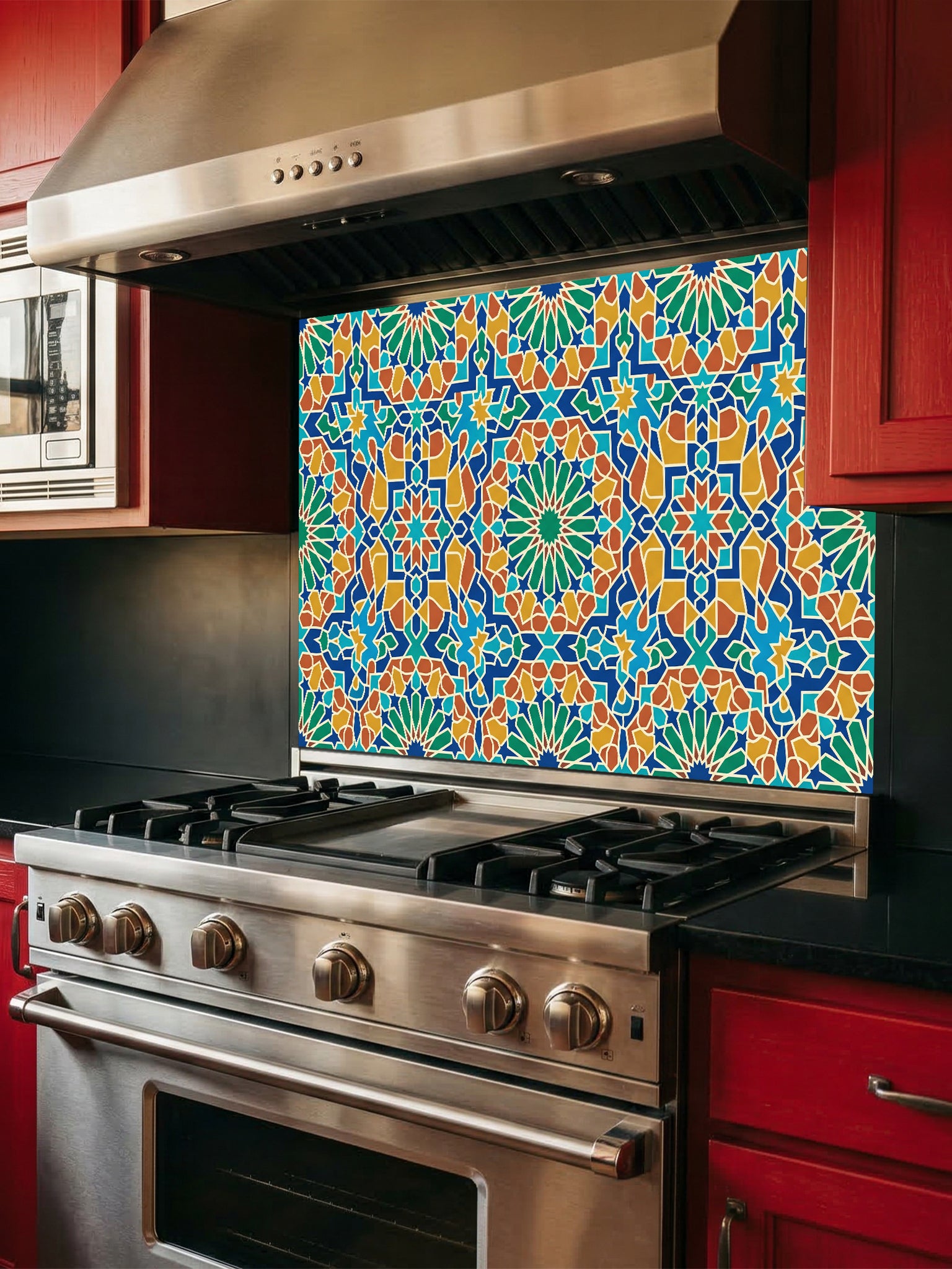 Kitchen with a colorful patterned backsplash above a stove.