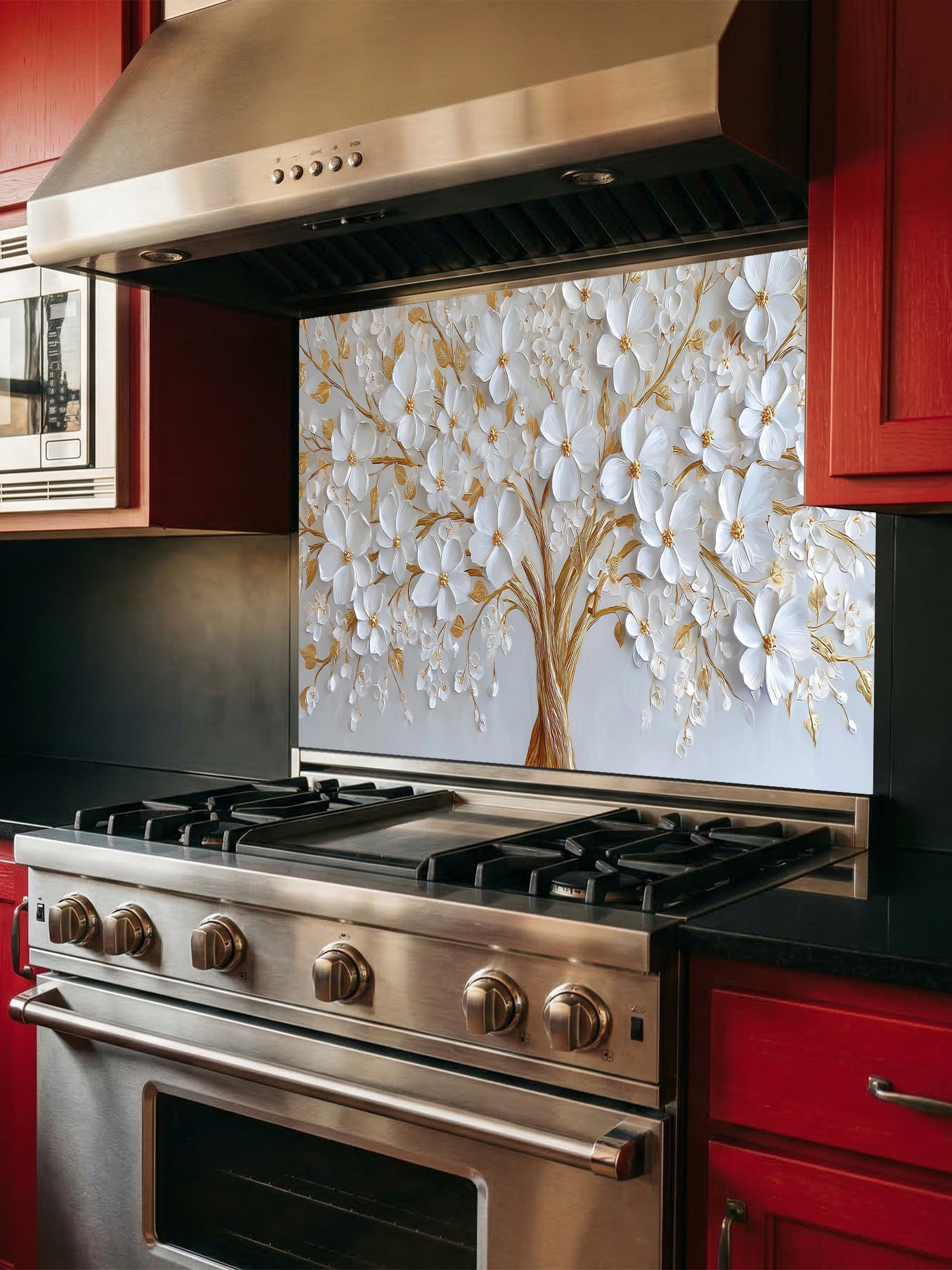 Faux 3D impasto style painting of a white floral tree with heavy gold accents on a crisp white background, UV printed on a smooth tempered glass kitchen backsplash.