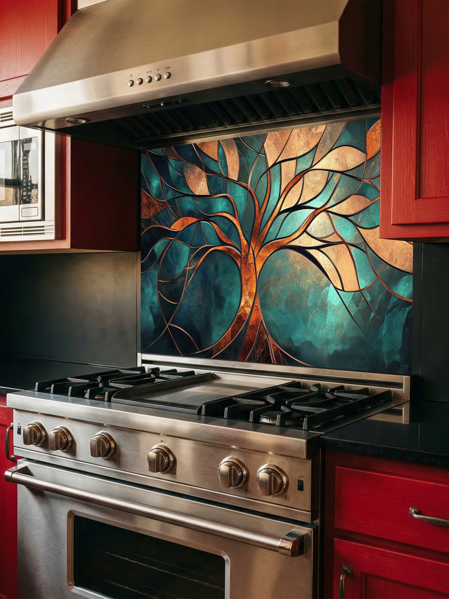 Tempered glass kitchen backsplash featuring a highly realistic 3D illusion of a stained glass and metallic Tree of Life with glowing gold, bronze, and copper branches against a rich teal and emerald background, installed behind a modern black stove.