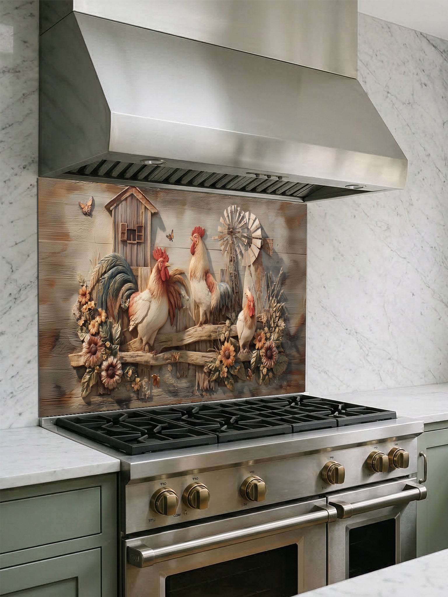 Tempered glass kitchen backsplash featuring a realistic 3D carved wood effect design with roosters, sunflowers, and a windmill, installed behind a modern stainless steel stove.