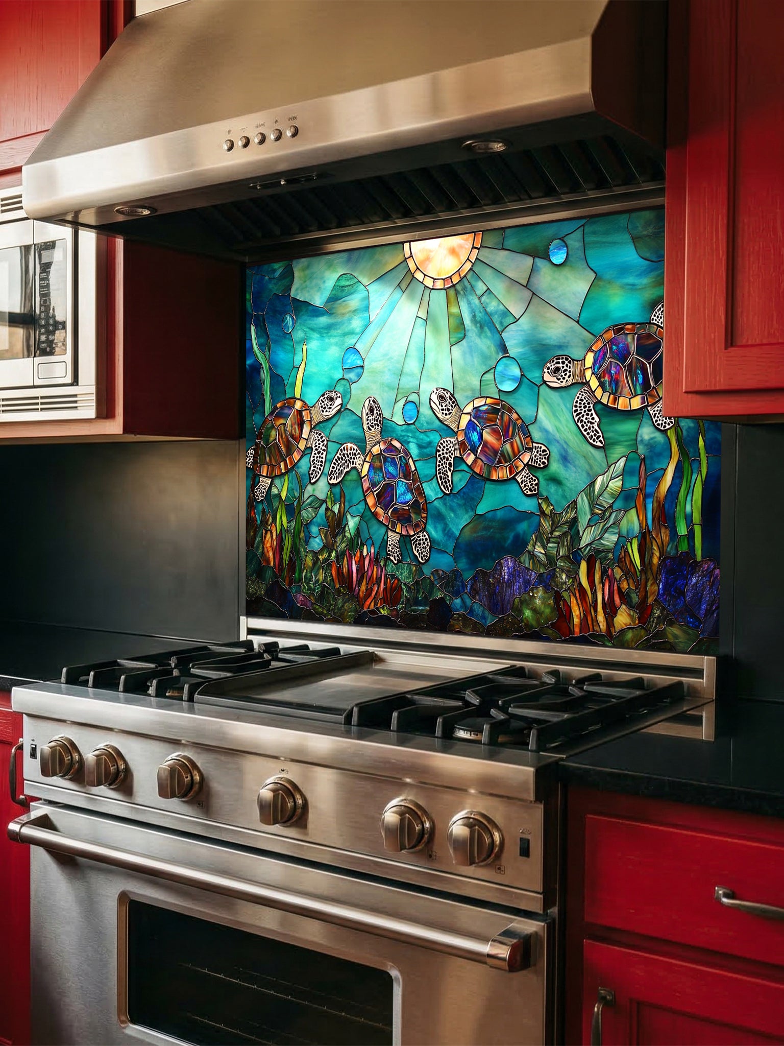 Stained glass style sea turtles swimming in vibrant blue ocean waters with sun rays, UV printed on a smooth tempered glass kitchen backsplash, installed behind a modern stove.