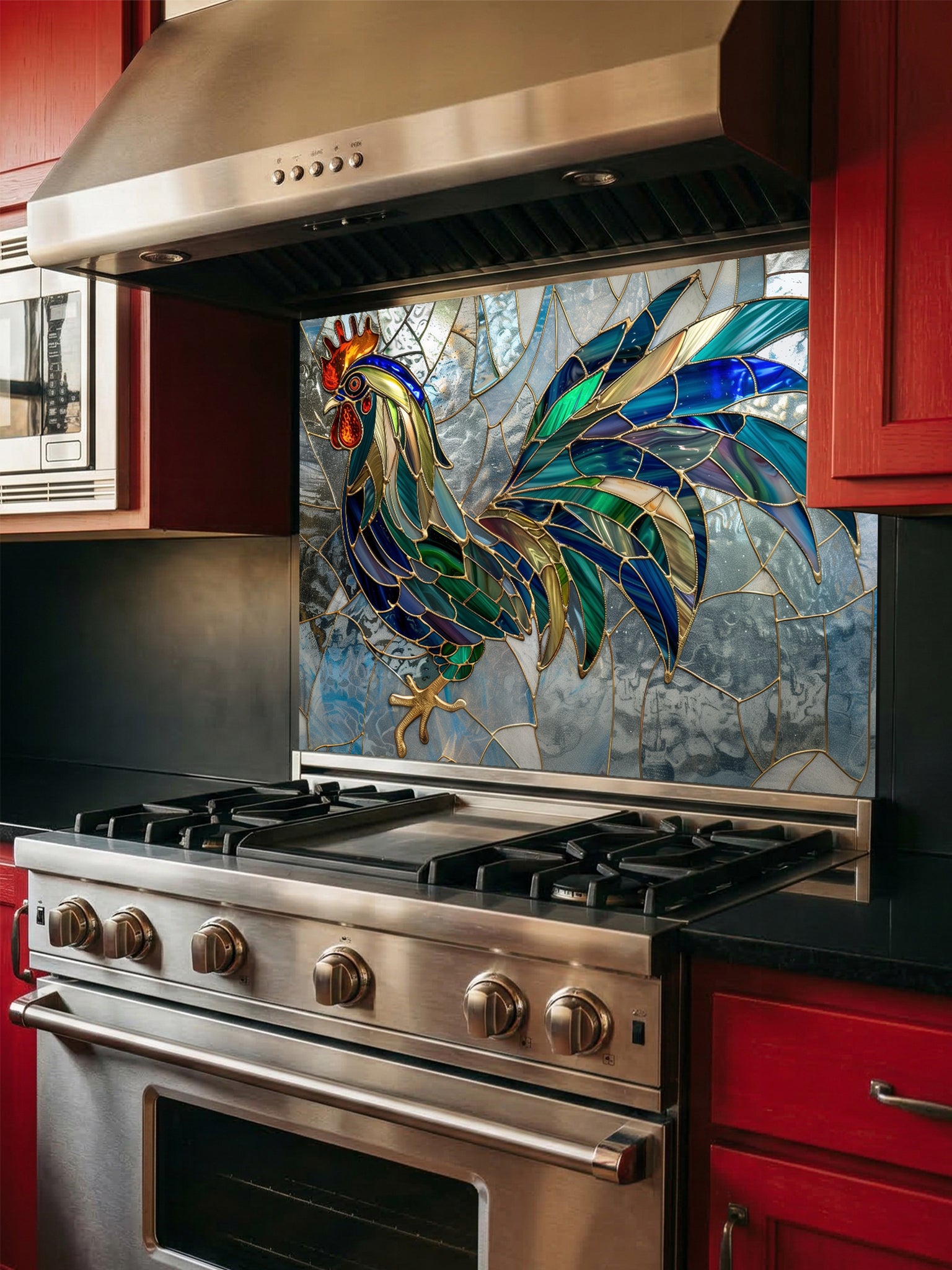Tempered glass kitchen backsplash featuring a faux stained glass design of a rooster with teal, emerald, and navy feathers and prominent gold outlines, set against an abstract icy blue mosaic background, installed behind a modern stainless steel stove.