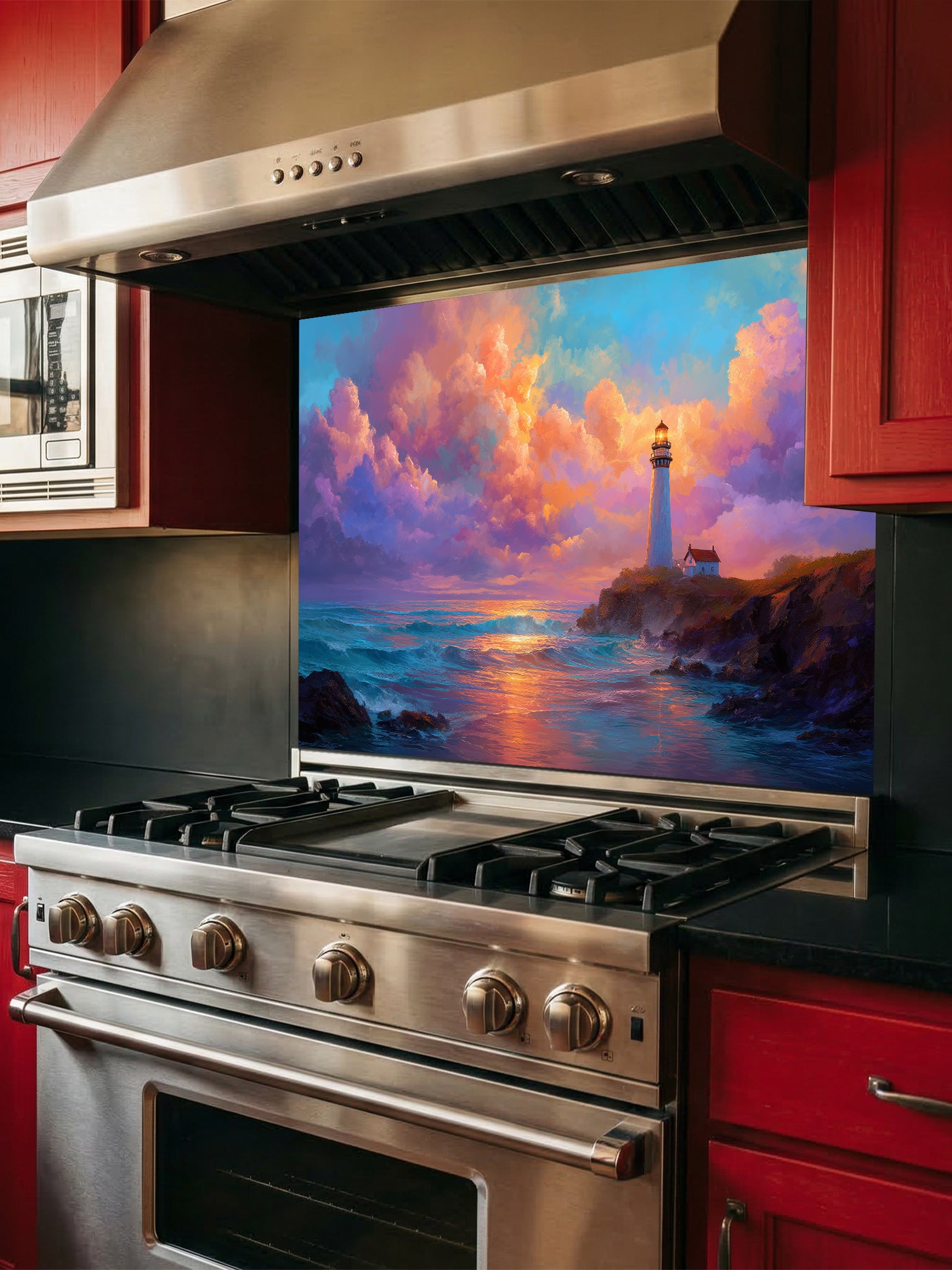 Painting style landscape of a classic lighthouse on a rocky cliff overlooking ocean waves under a colorful sunset sky, UV printed on a smooth tempered glass kitchen backsplash.