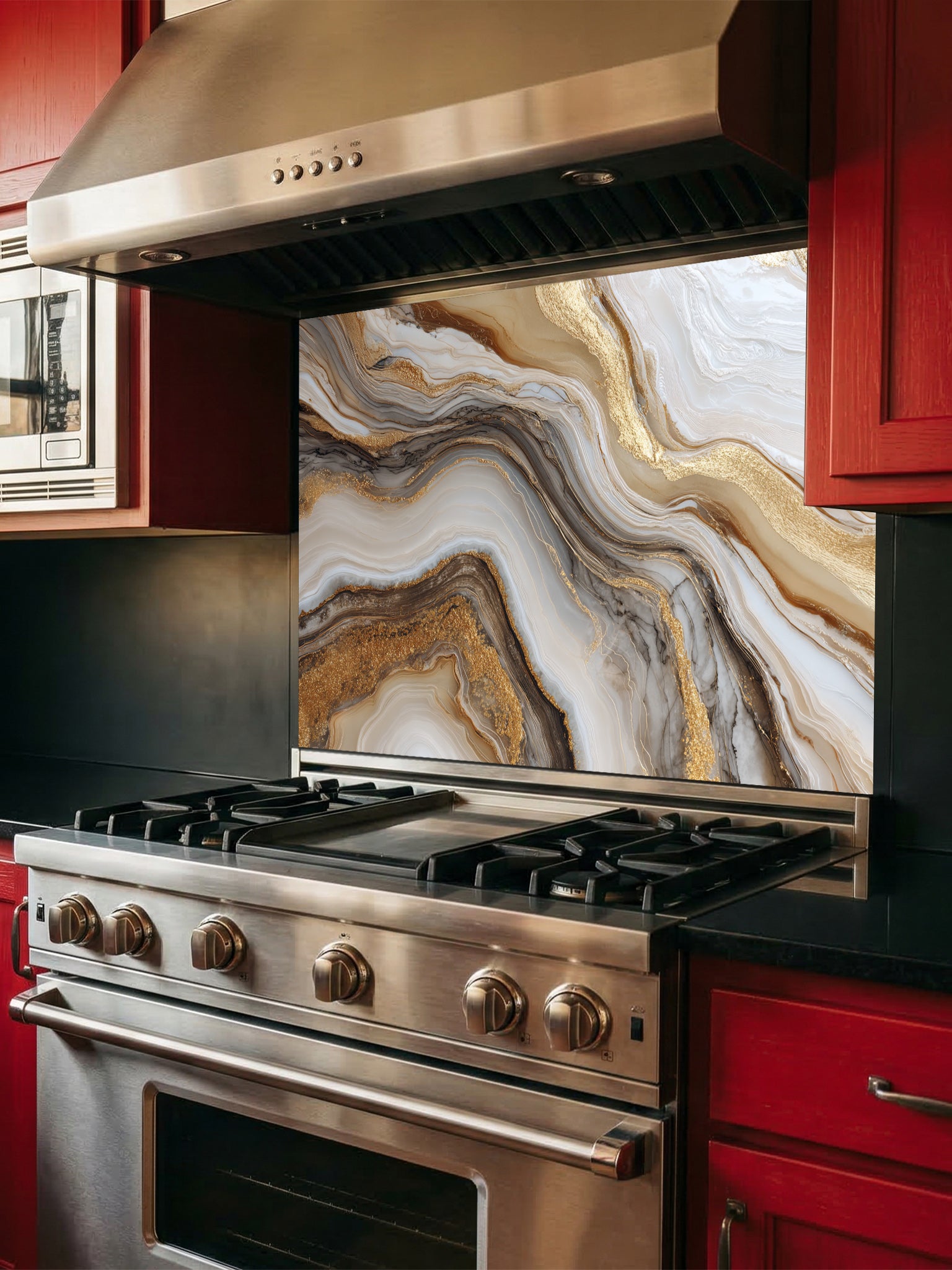 Abstract fluid art pattern mimicking white and brown agate marble with swirling gold leaf veins, UV printed on a smooth tempered glass kitchen backsplash, installed behind a modern stove.