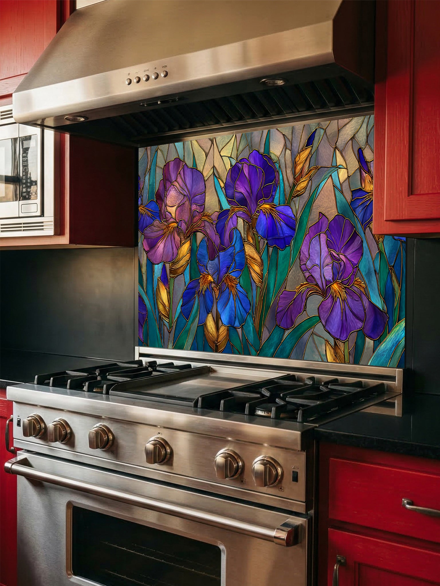 Tempered glass kitchen backsplash featuring an elegant faux stained glass design of vibrant purple and blue Iris flowers with green leaves and elegant gold outlines, installed behind a modern stainless steel stove.