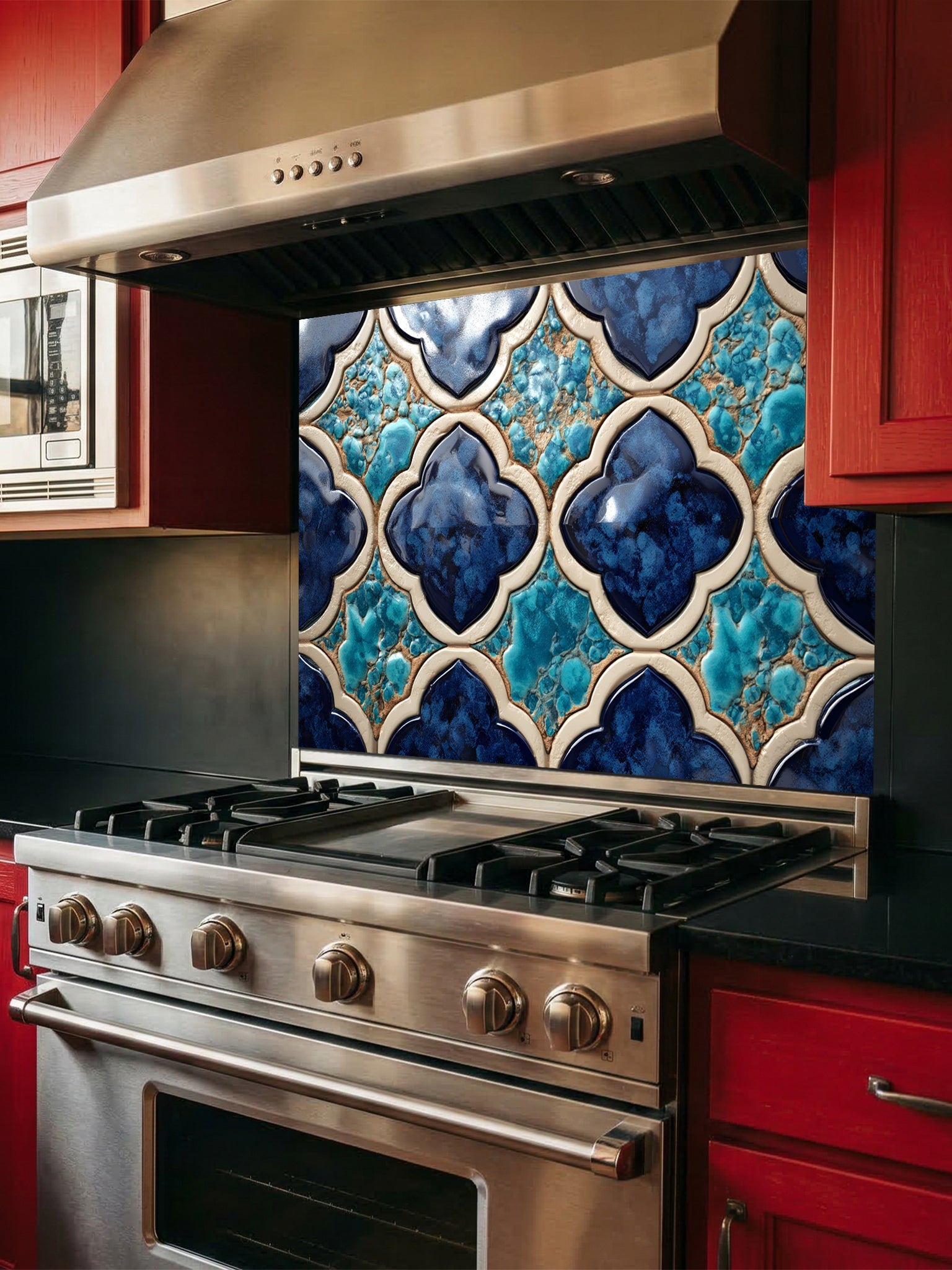 Stainless steel oven with decorative blue and white tile backsplash in a kitchen setting.