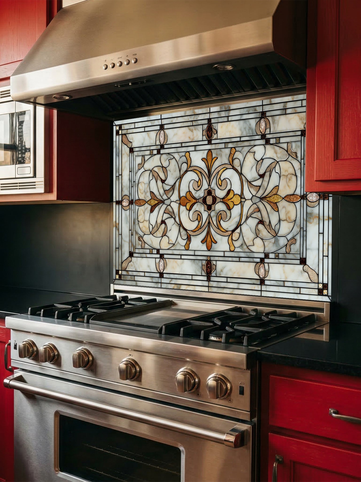 Faux antique leaded stained glass panel featuring elegant symmetrical scrollwork in warm amber and marbled cream tones, UV printed on a smooth tempered glass kitchen backsplash.
