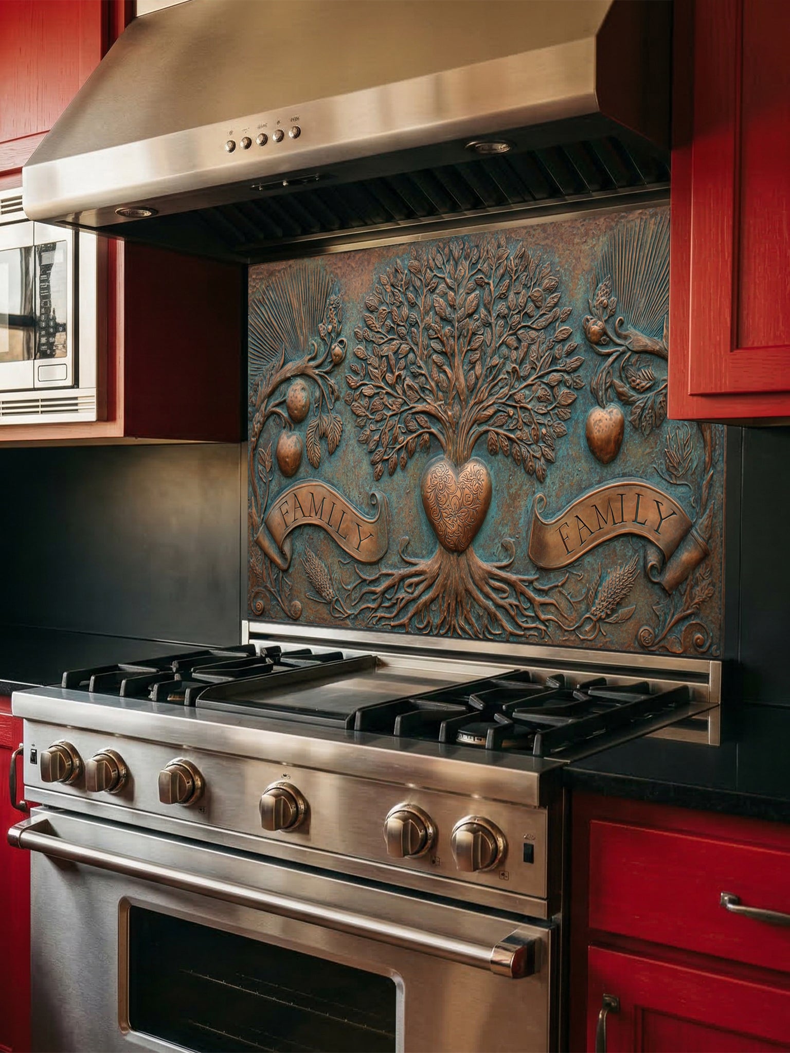 Faux 3D sculpted bronze and copper relief of a family tree of life with a heart and banners reading 'FAMILY' against an oxidized patina background, UV printed on a smooth tempered glass kitchen backsplash.