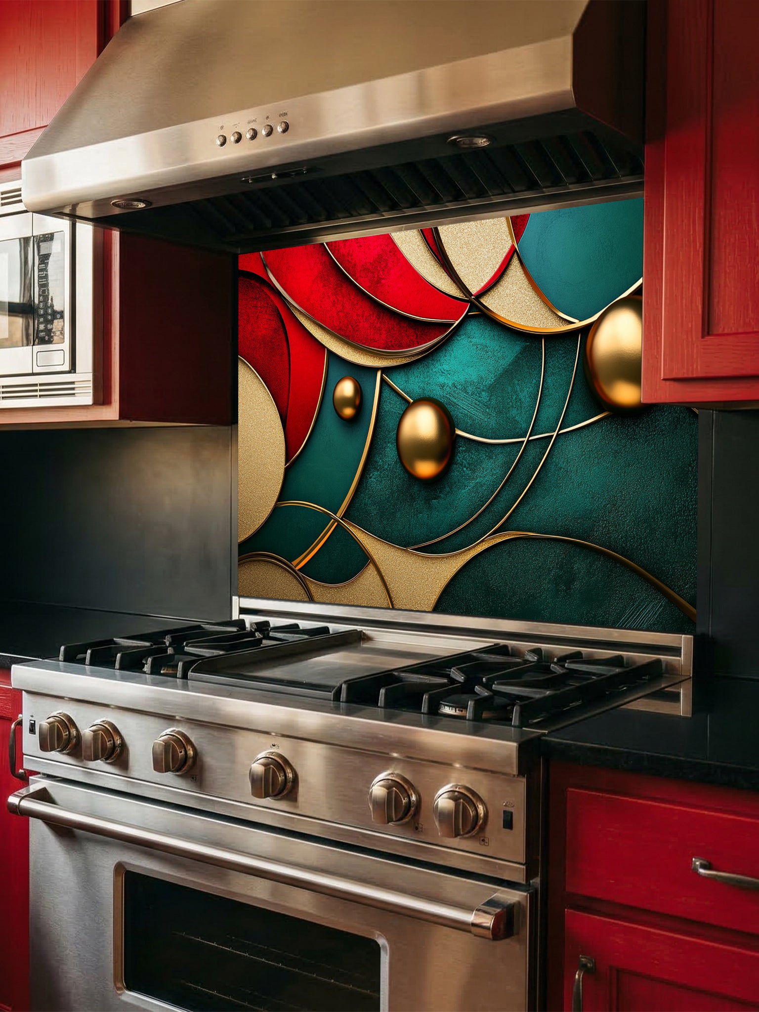 Tempered glass kitchen backsplash featuring a highly realistic 3D illusion of abstract overlapping geometric circles and waves in rich ruby red and emerald green with striking gold outlines and floating 3D metallic gold spheres, installed behind a modern stainless steel stove.