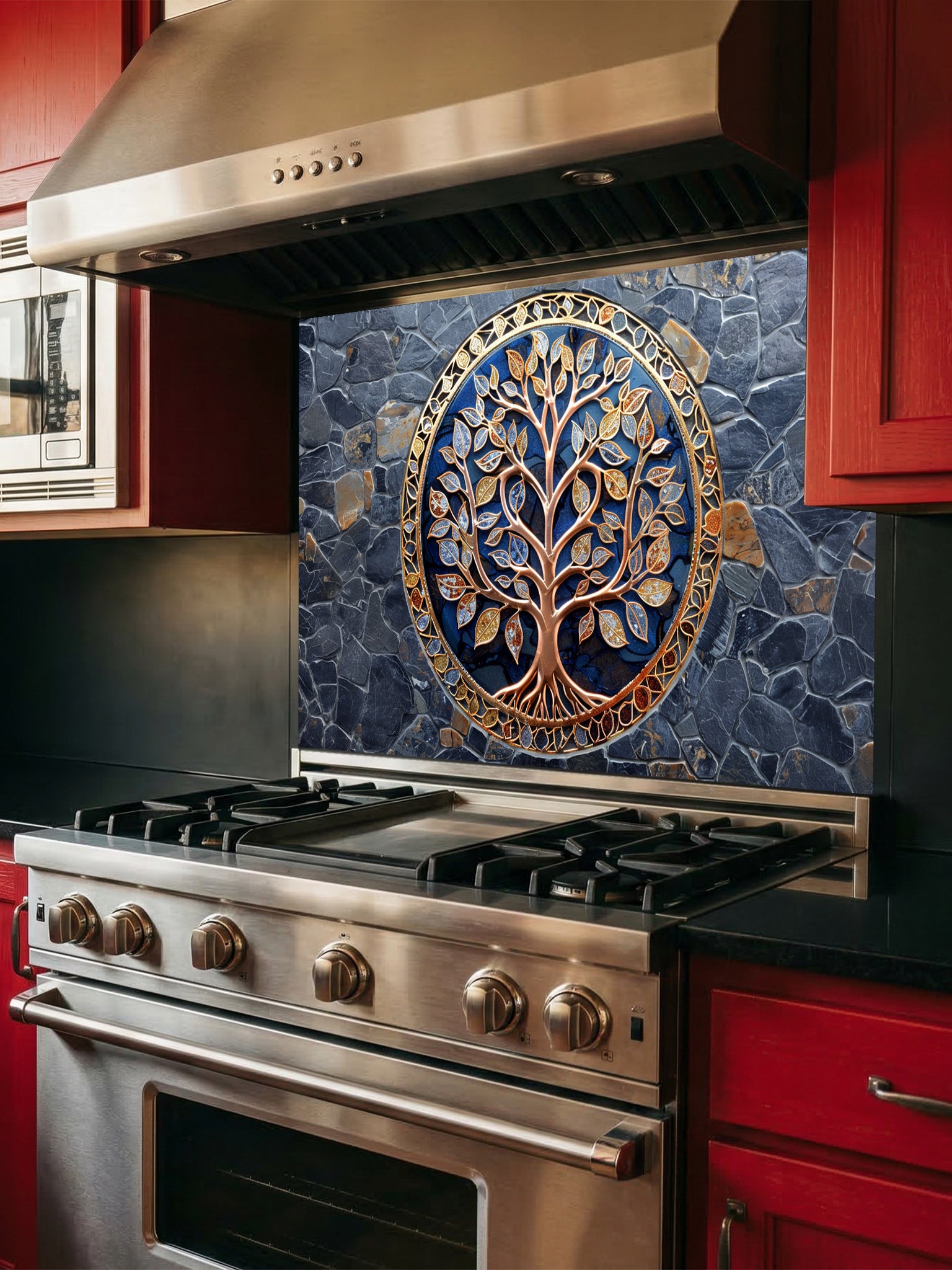 Stainless steel oven with decorative glass wall art in a kitchen setting