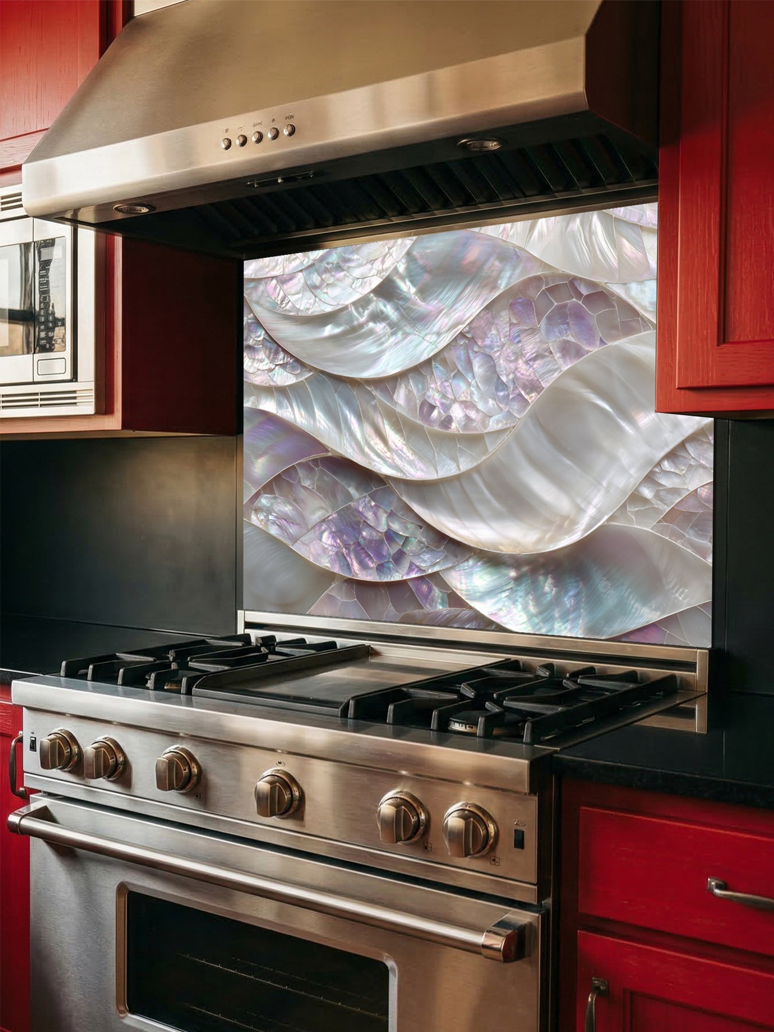 Tempered glass kitchen backsplash featuring a highly realistic 3D faux mosaic design of continuous flowing waves of mother of pearl shells with iridescent pastel colors, installed behind a modern stainless steel stove.