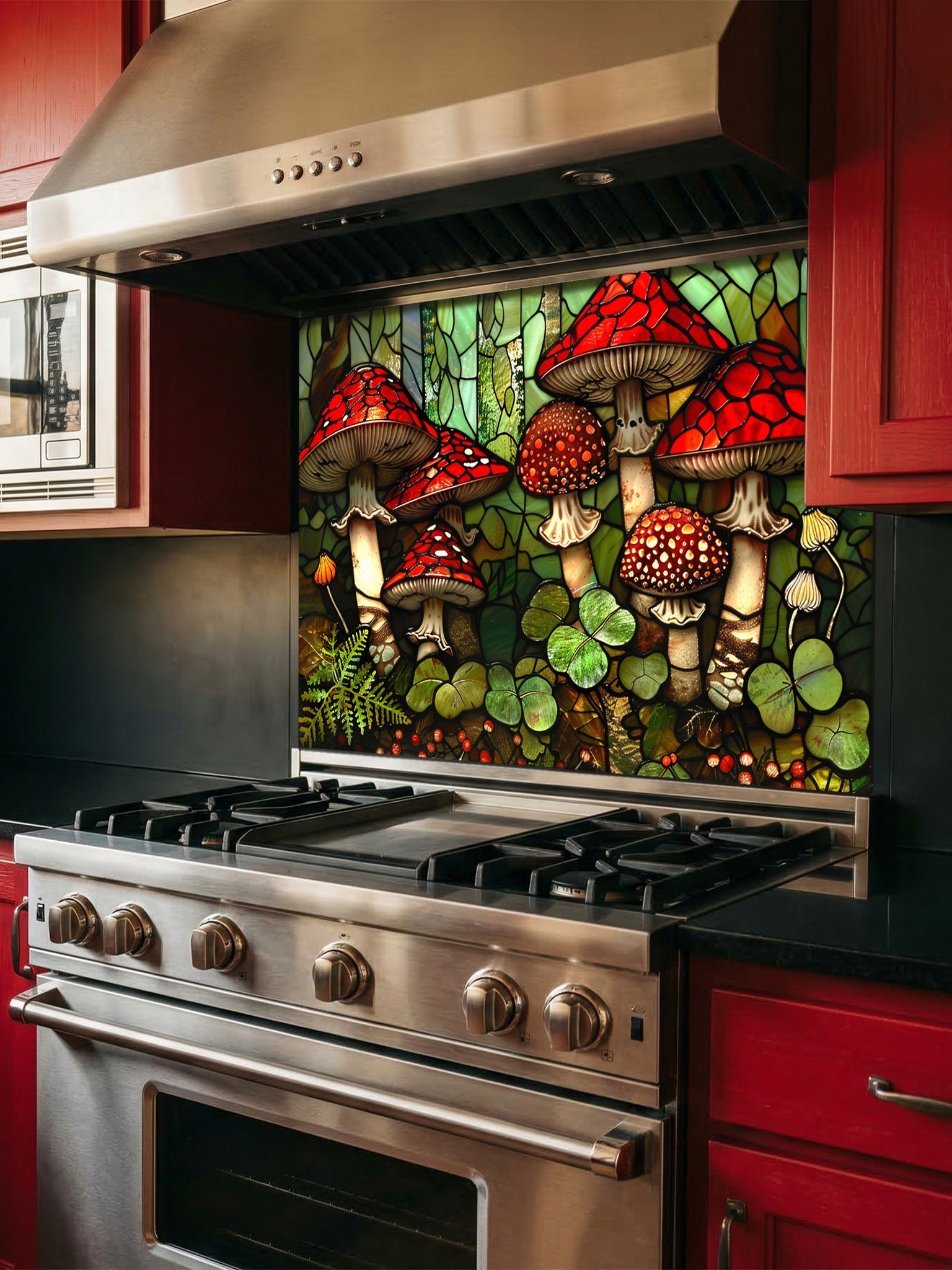 Stained glass style woodland scene with vibrant red mushrooms, ferns, and clovers, UV printed on a smooth tempered glass kitchen backsplash, installed behind a modern stove.
