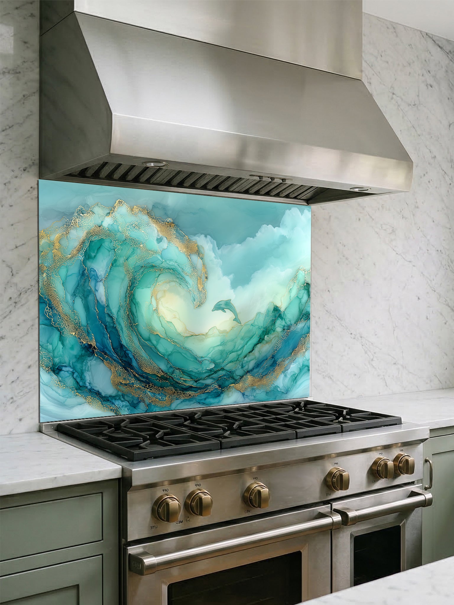 Tempered glass kitchen backsplash featuring a vibrant teal and gold abstract alcohol ink ocean wave with a small jumping dolphin, installed behind a modern stainless steel stove.
