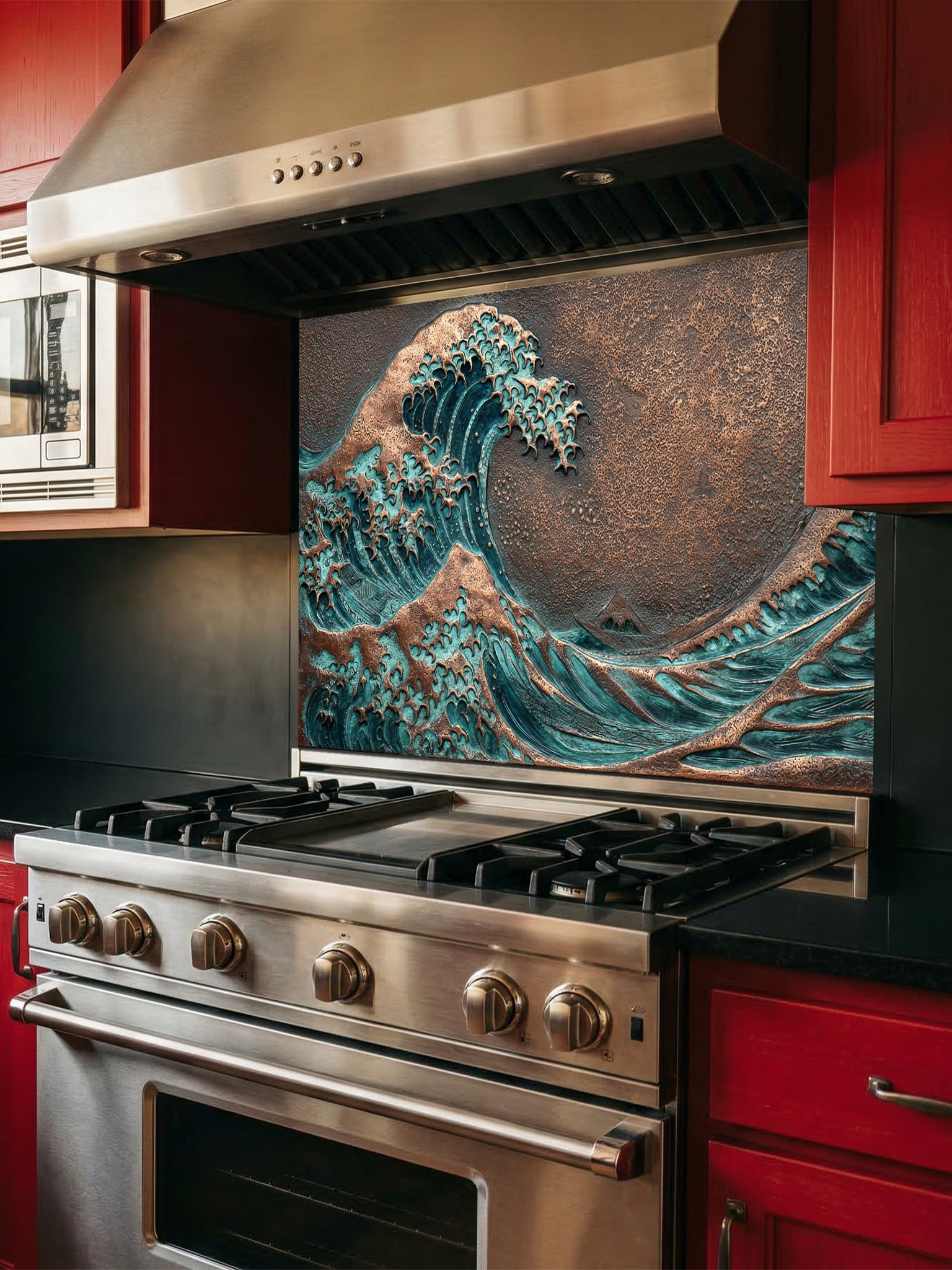 Faux 3D sculpted oxidized copper and bronze relief of the Great Wave off Kanagawa, featuring rich teal patina, UV printed on a smooth tempered glass kitchen backsplash.