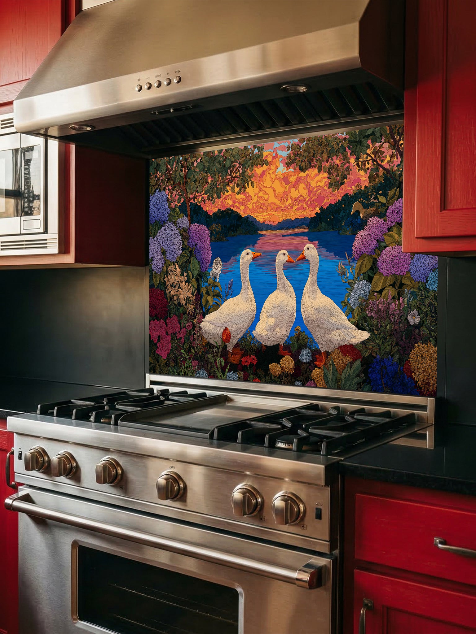 Vintage style illustration of three white ducks by a calm lake at sunset, framed by lush hydrangeas and wildflowers, UV printed on a smooth tempered glass kitchen backsplash.
