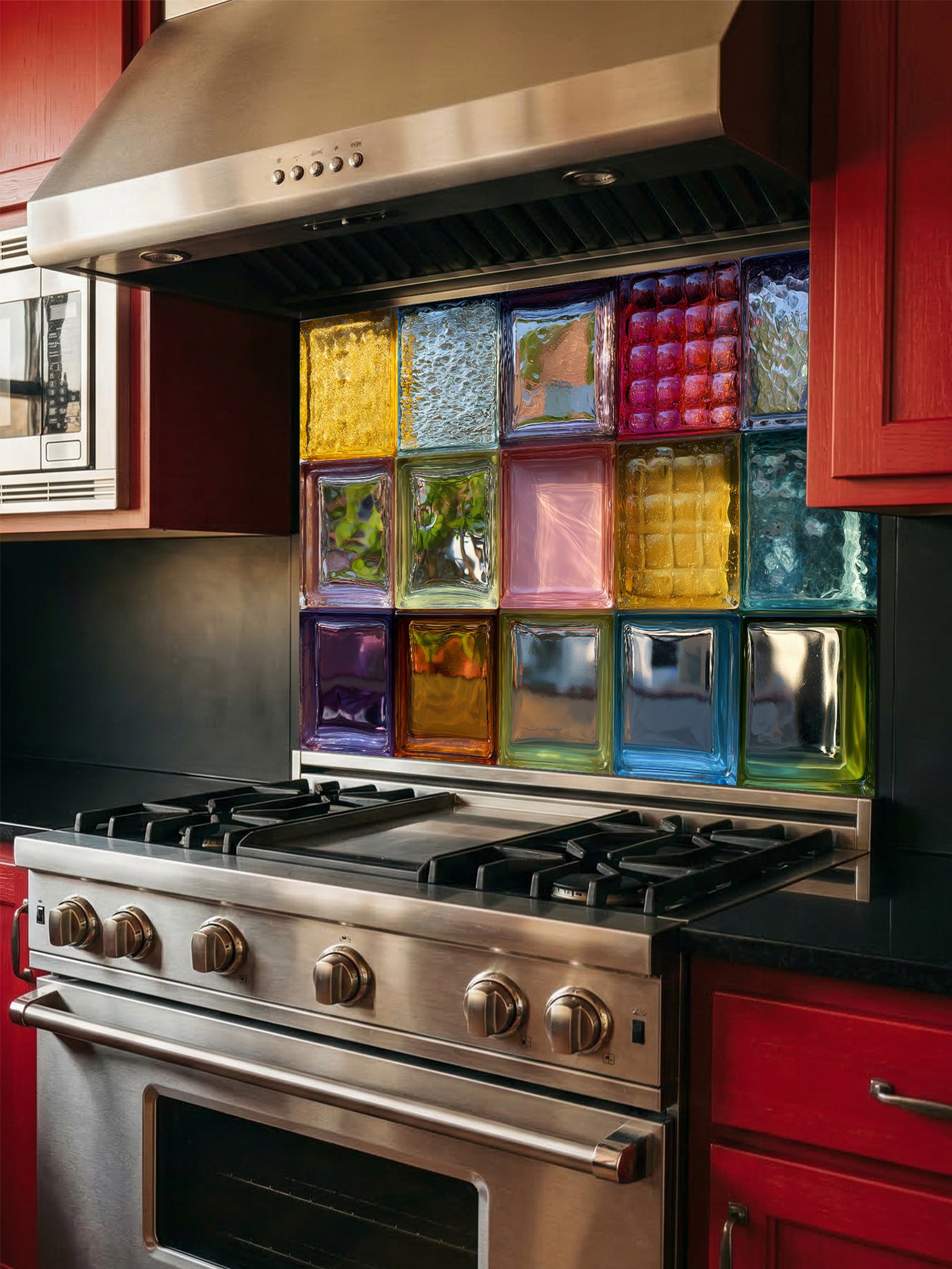 Tempered glass kitchen backsplash featuring a highly realistic 3D illusion of colorful, textured retro glass blocks in vibrant shades of blue, pink, amber, and green, installed behind a modern stainless steel stove.