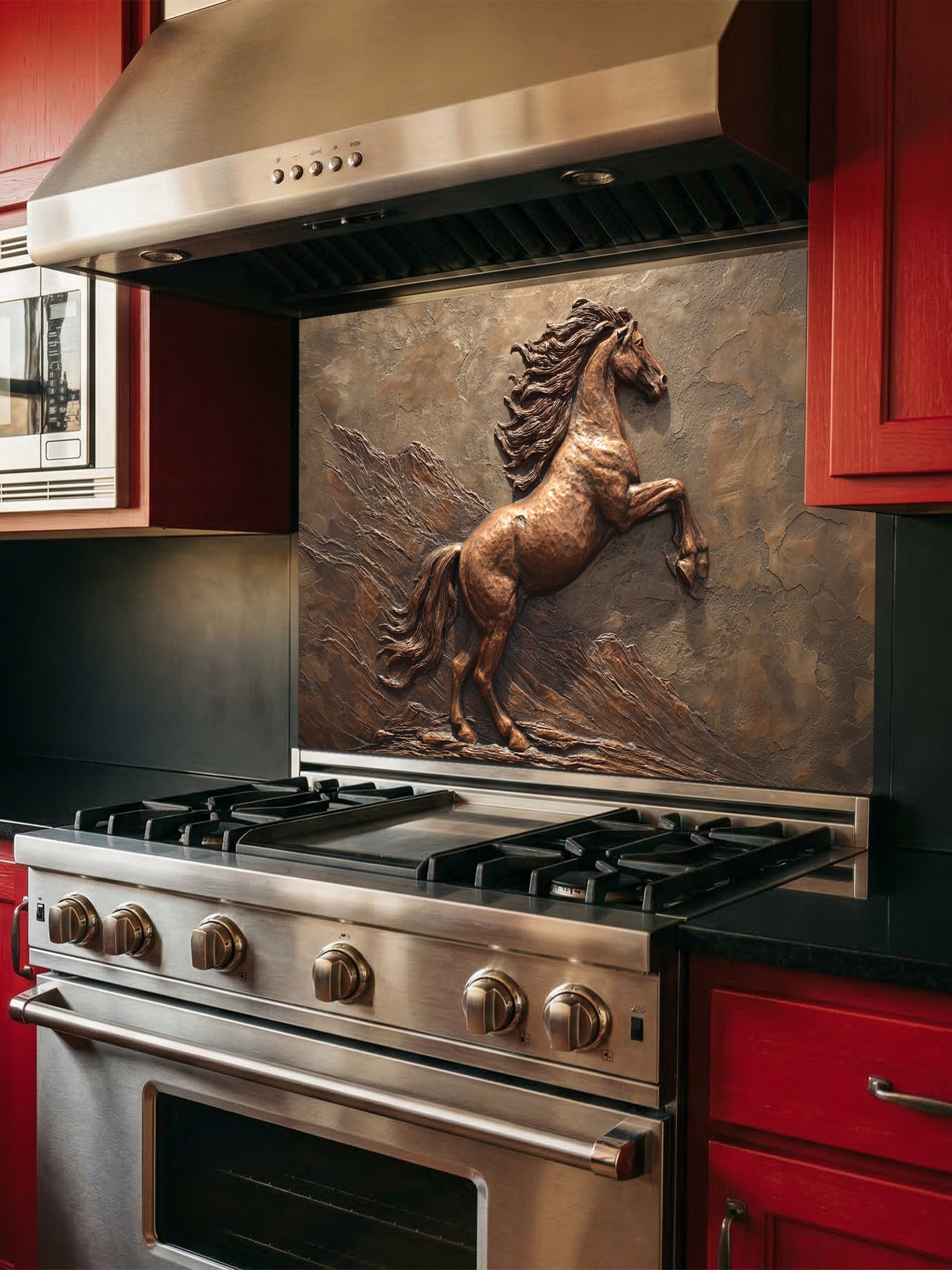 Faux 3D effect bronze carving of a majestic rearing horse, UV printed on a smooth tempered glass kitchen backsplash, installed behind a modern stove.