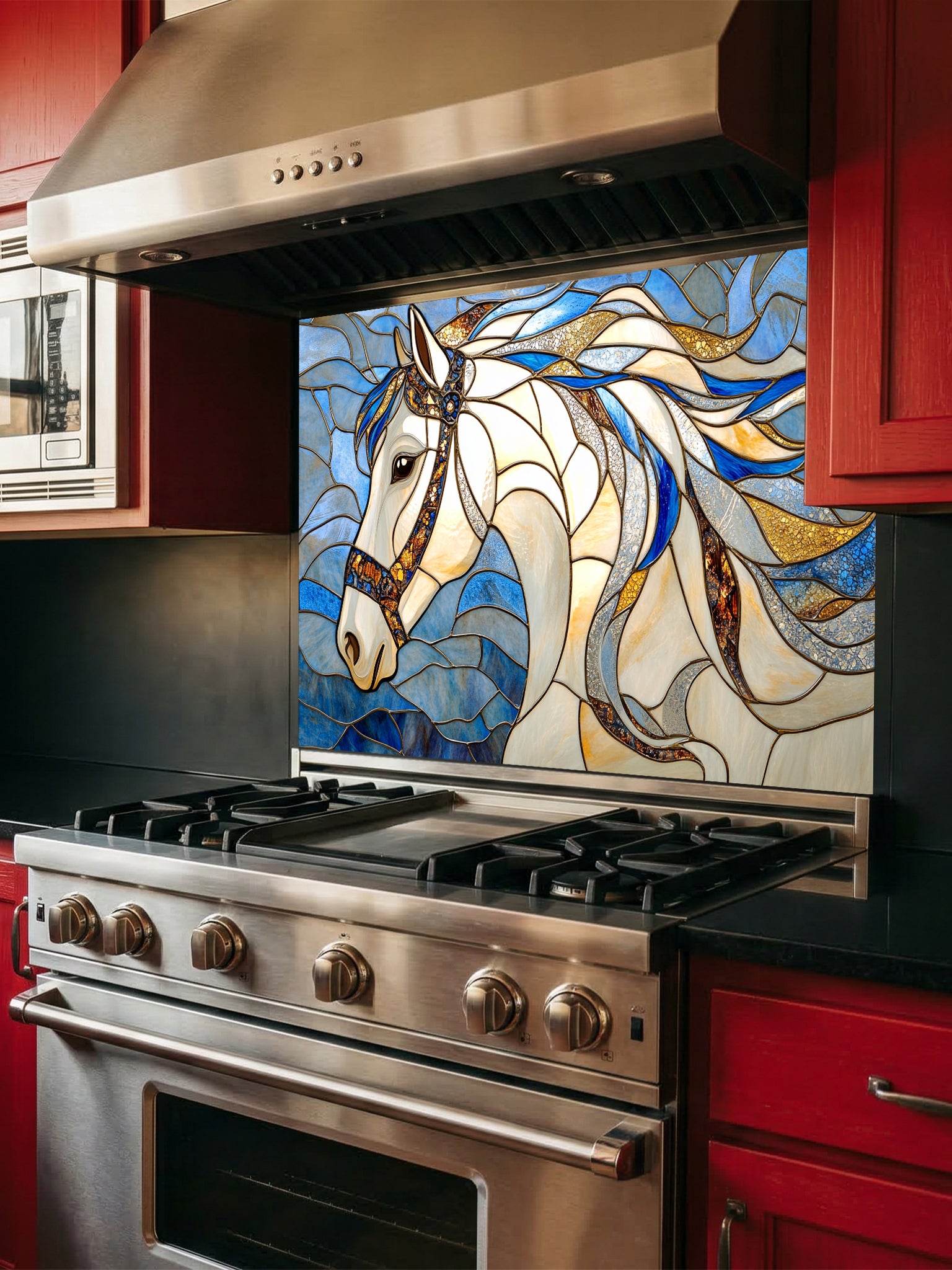 Tempered glass kitchen backsplash featuring a highly realistic 3D illusion of stained glass art showing a majestic noble white horse profile with a flowing, dynamic mane in sapphire blue and gold against a swirling blue background, installed behind a modern black stove.