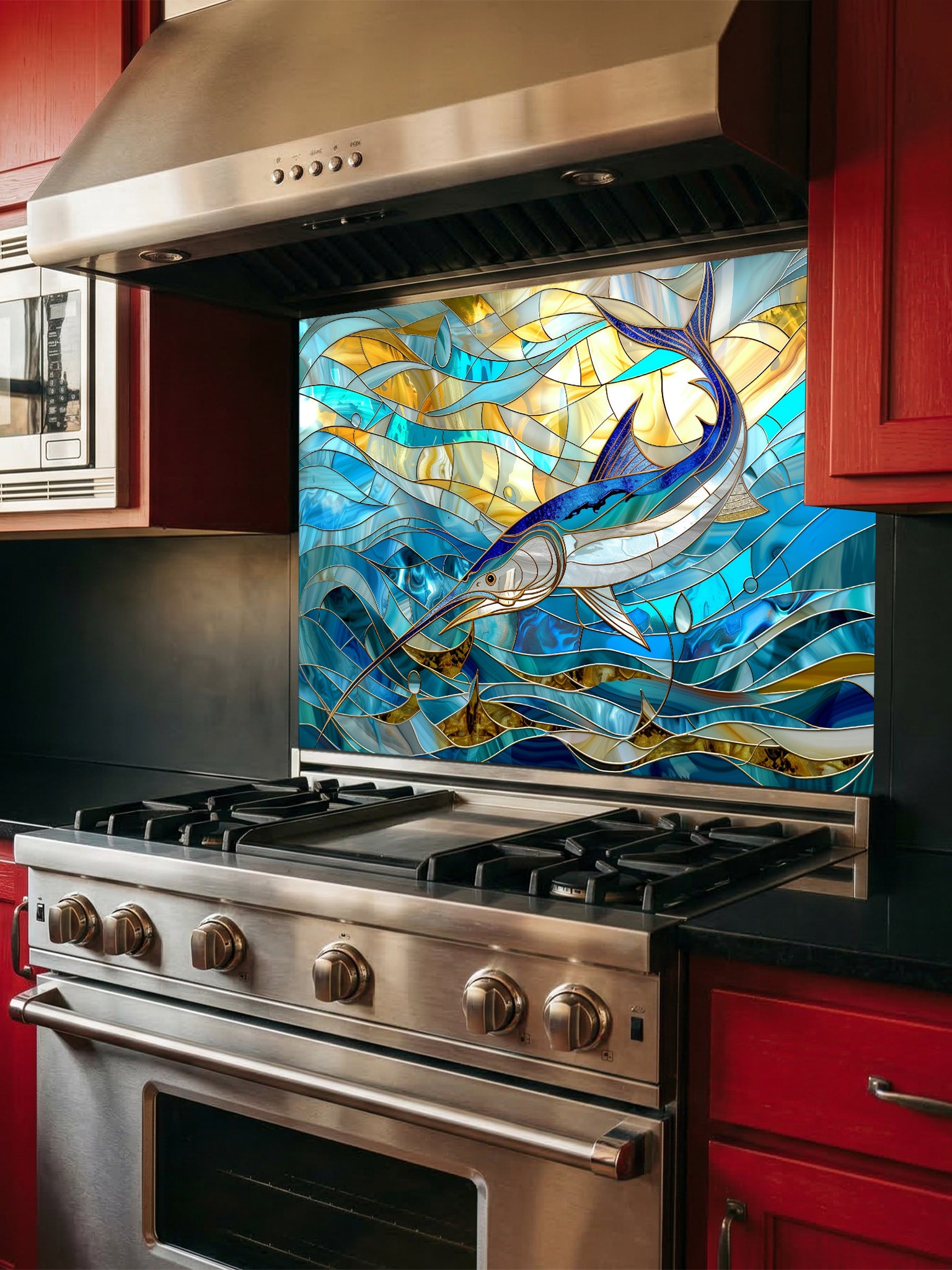 Tempered glass kitchen backsplash featuring a highly realistic 3D illusion of stained glass art showing a majestic blue marlin leaping through swirling ocean waves in vibrant blues and glowing amber tones, installed behind a modern stainless steel stove.