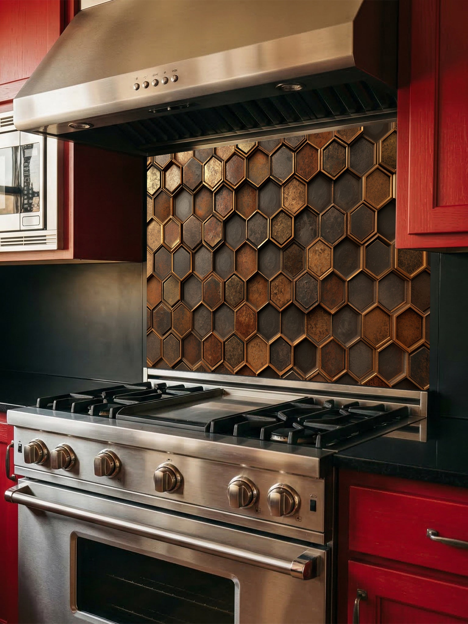 Faux 3D effect weathered and rusted metal hexagon tiles in copper and iron tones, UV printed on a smooth tempered glass kitchen backsplash, installed behind a modern stove.