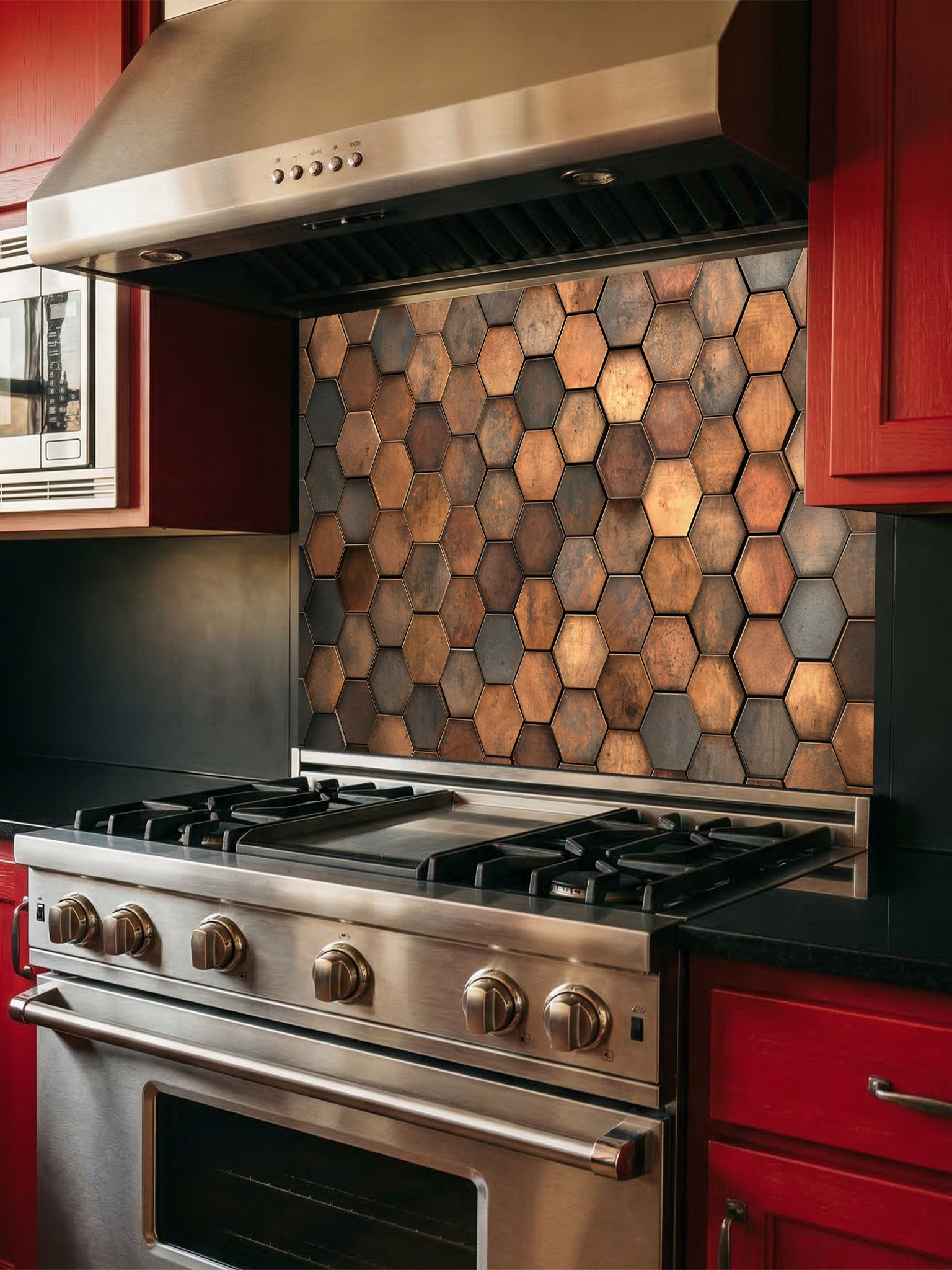 Faux 3D industrial metal hexagon honeycomb tile pattern in rustic copper and bronze tones, UV printed on a smooth tempered glass kitchen backsplash.