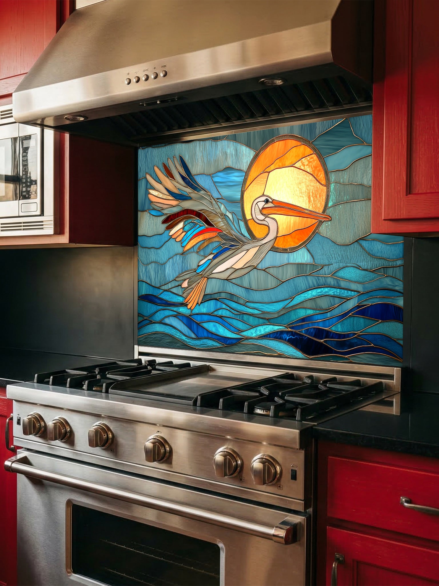 Stained glass style pelican flying over blue ocean waves and a bright sun, UV printed on tempered glass kitchen backsplash, installed behind a modern stove.