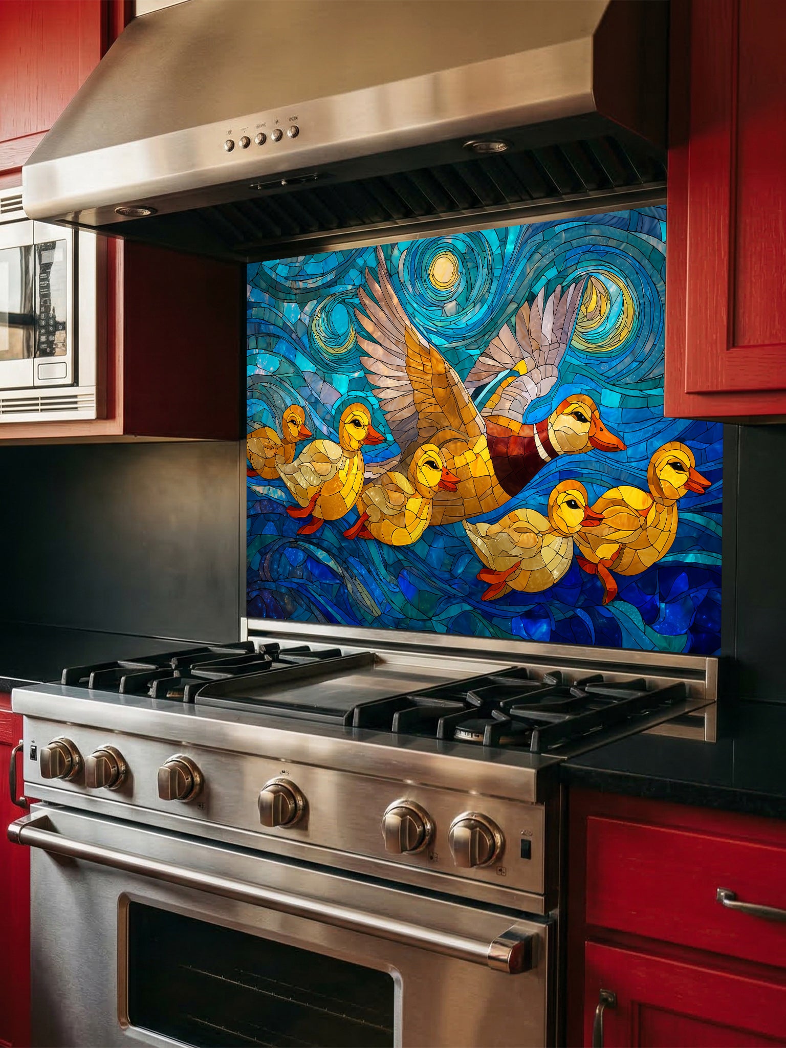 Tempered glass kitchen backsplash featuring a highly realistic 3D illusion of stained glass art showing a mallard duck and ducklings flying over swirling, Starry Night inspired blue water and glowing yellow accents, installed behind a modern stainless steel stove.