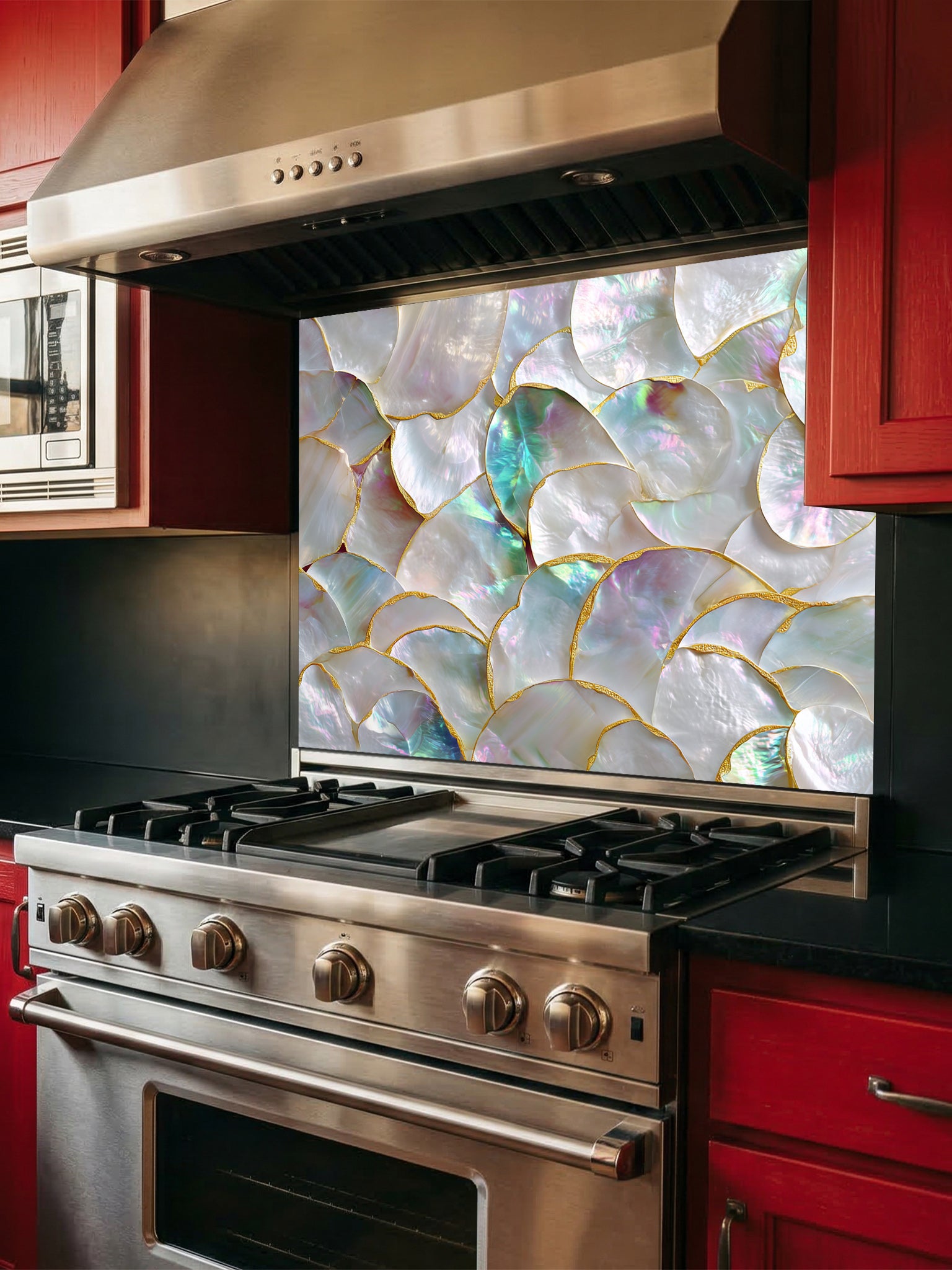 Tempered glass kitchen backsplash featuring a highly realistic 3D illusion of a luxury mother of pearl shell mosaic with iridescent pearlescent hues and faux gold edges, installed behind a modern stainless steel stove.