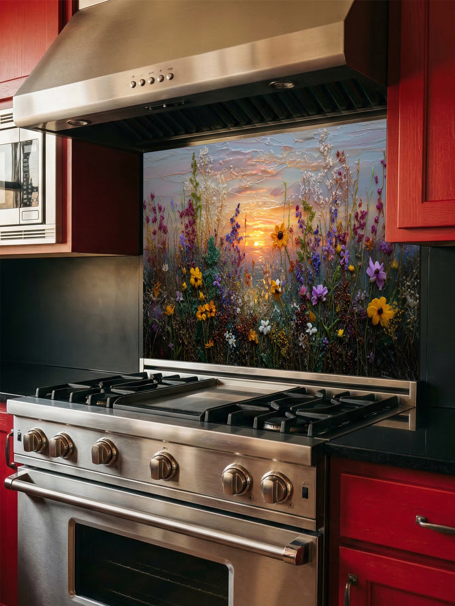 Tempered glass kitchen backsplash featuring a highly realistic 3D illusion of an impasto oil painting showing a vibrant wildflower meadow against a soft pastel sunset sky, installed behind a modern stainless steel stove.