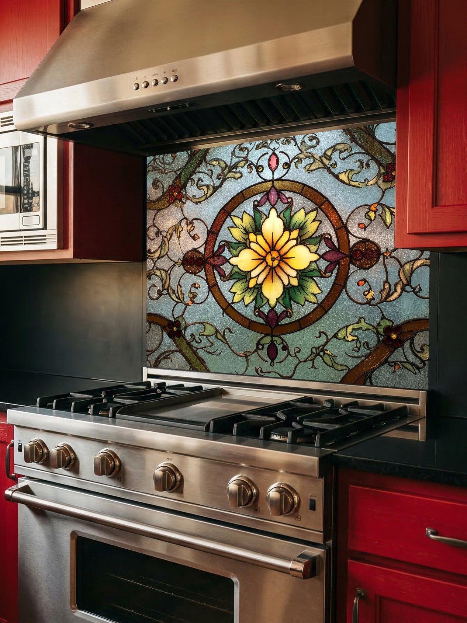 Tempered glass kitchen backsplash featuring a highly realistic 3D illusion of vintage stained glass, showcasing a glowing yellow floral medallion surrounded by green vines and red accents against a frosted blue background, installed behind a modern stainless steel stove.
