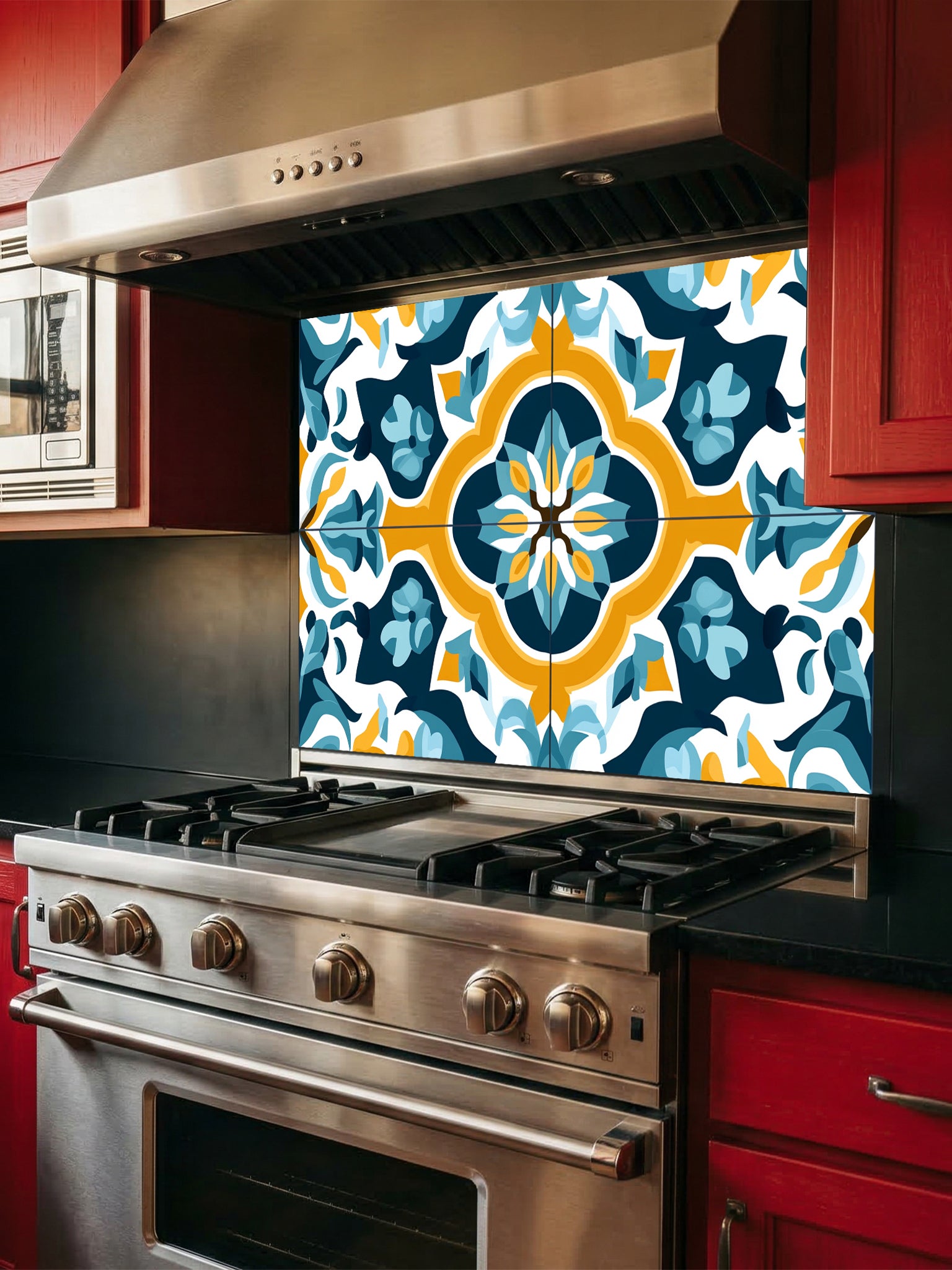Tempered glass kitchen backsplash featuring a highly realistic illusion of traditional Mediterranean or Portuguese Azulejo tiles, showcasing a bold geometric floral pattern in vibrant teal, yellow, and navy blue on a crisp white background, installed behind a modern black stove.