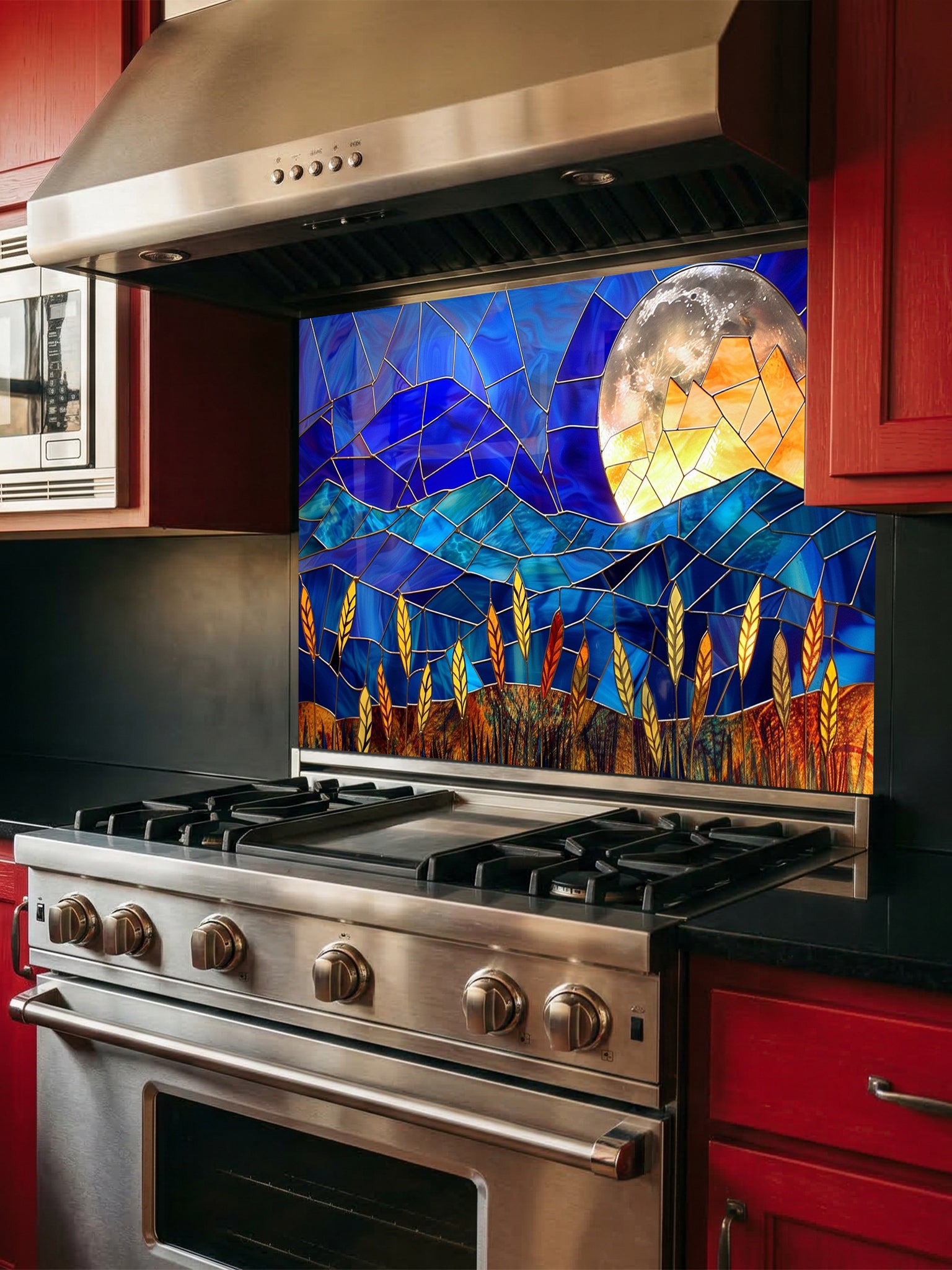 Stained glass style landscape featuring deep blue mountains, a glowing full moon, and golden wheat, UV printed on a smooth tempered glass kitchen backsplash.
