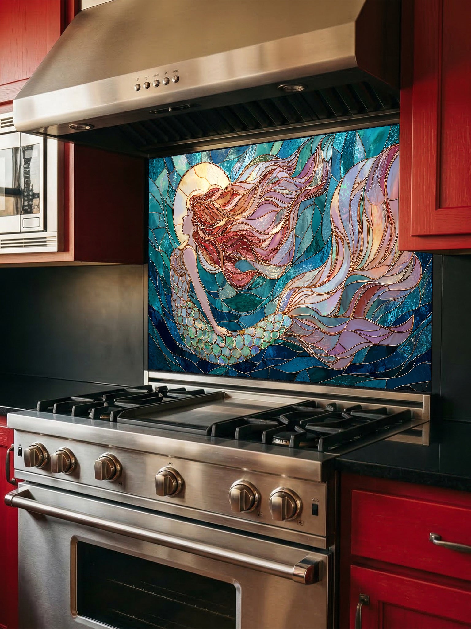 Tempered glass kitchen backsplash featuring a highly realistic 3D illusion of stained glass art showing an elegant mermaid with flowing hair swimming through dynamic ocean waves in deep blues and turquoise, installed behind a modern stainless steel stove.
