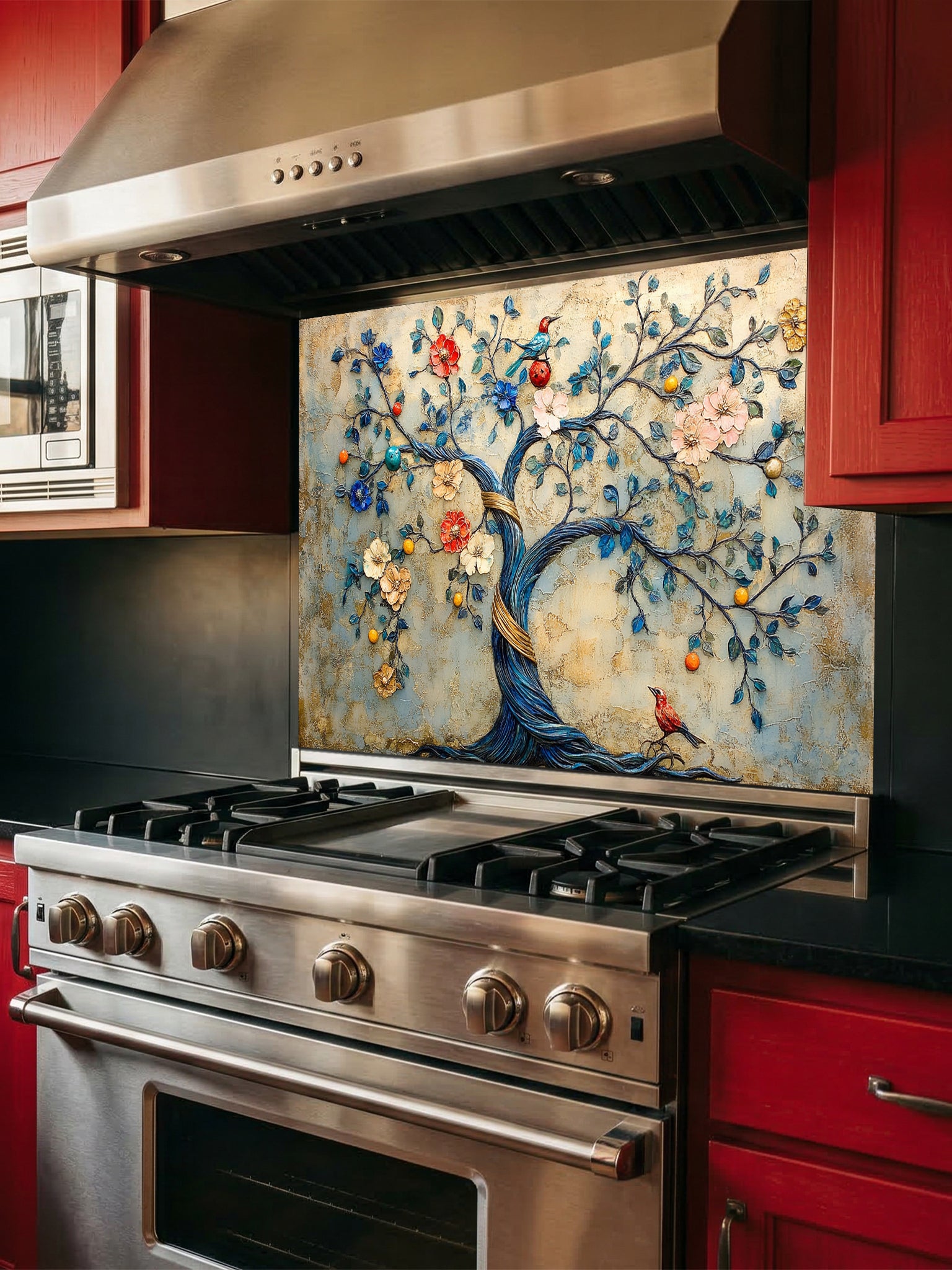 Tempered glass kitchen backsplash featuring a highly realistic 3D illusion of an embossed bas-relief sculpture showing an enchanted tree with a twisting blue trunk, colorful blooming flowers, and perched birds against a textured vintage golden-beige background, installed behind a modern black stove.