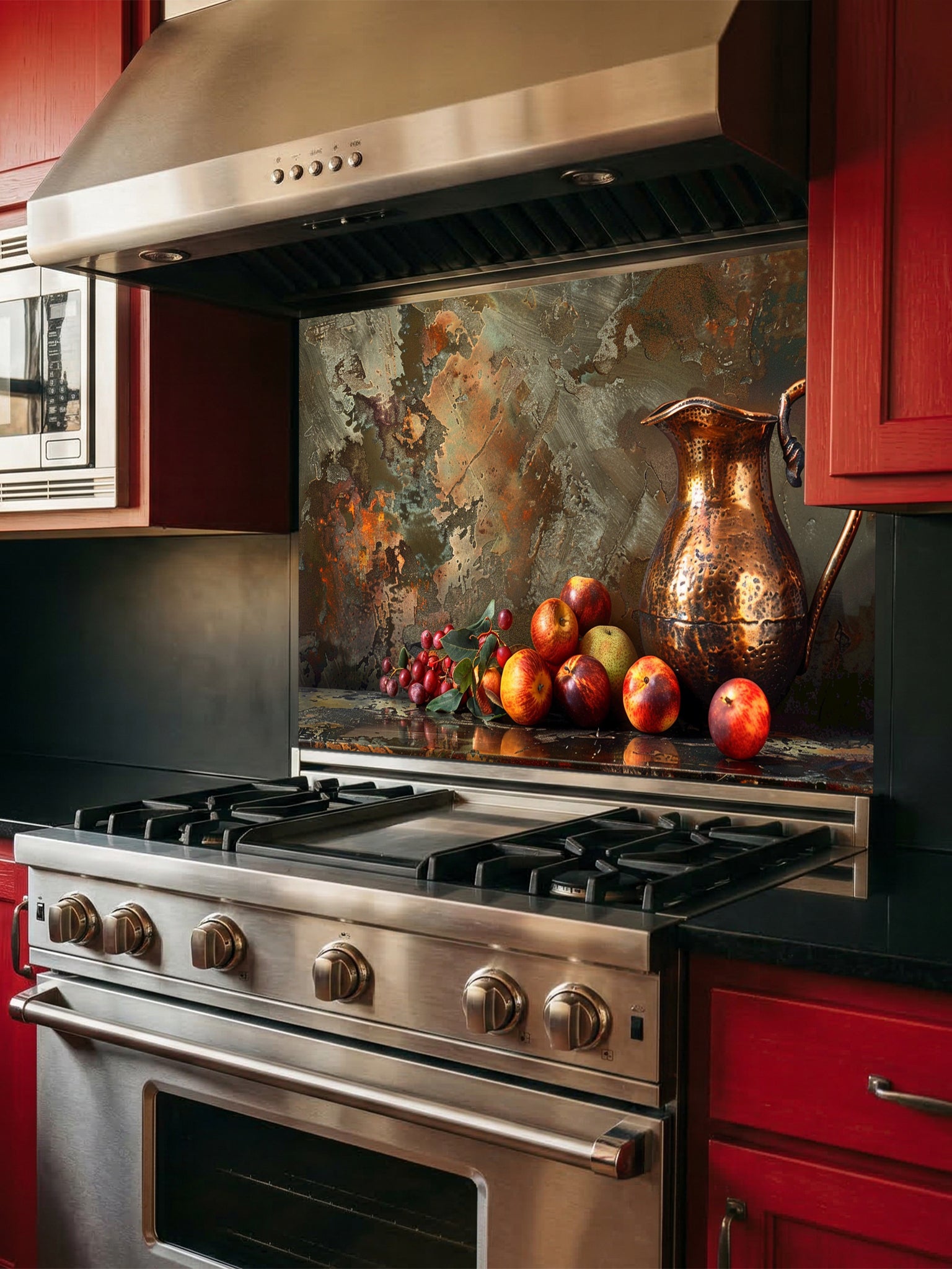 Rustic still life painting of a hammered copper pitcher and fresh fruits against a textured patina metal background, UV printed on a smooth tempered glass kitchen backsplash.