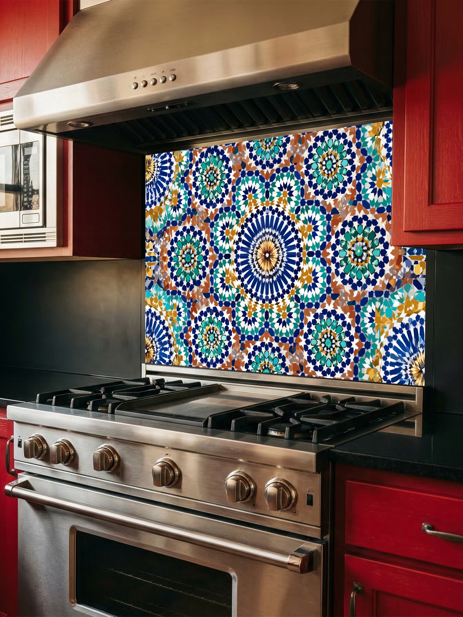 Stainless steel oven with colorful geometric patterned backsplash in a kitchen setting.