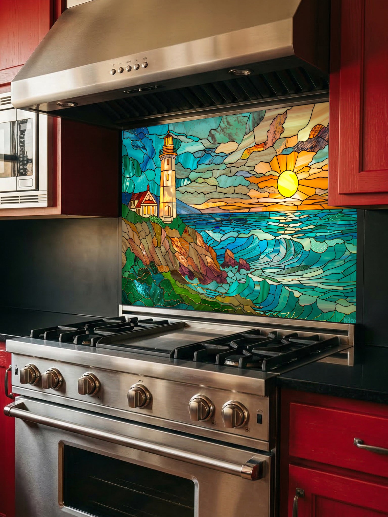 Stained glass style coastal landscape with a lighthouse on a rocky cliff and a vibrant ocean sunset, UV printed on a smooth tempered glass kitchen backsplash, installed behind a modern stove.
