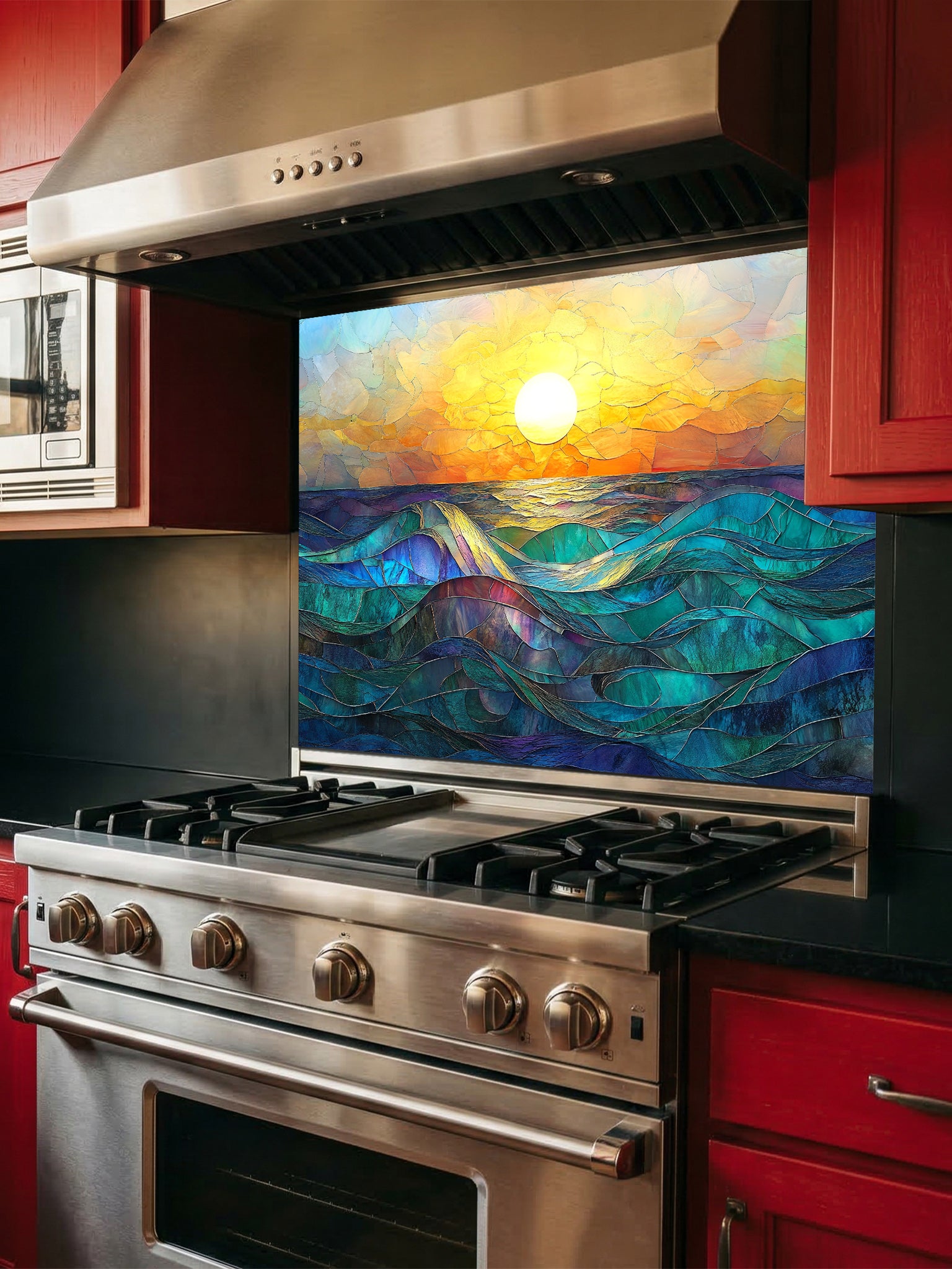 Stainless steel stove with a colorful abstract art panel on the wall