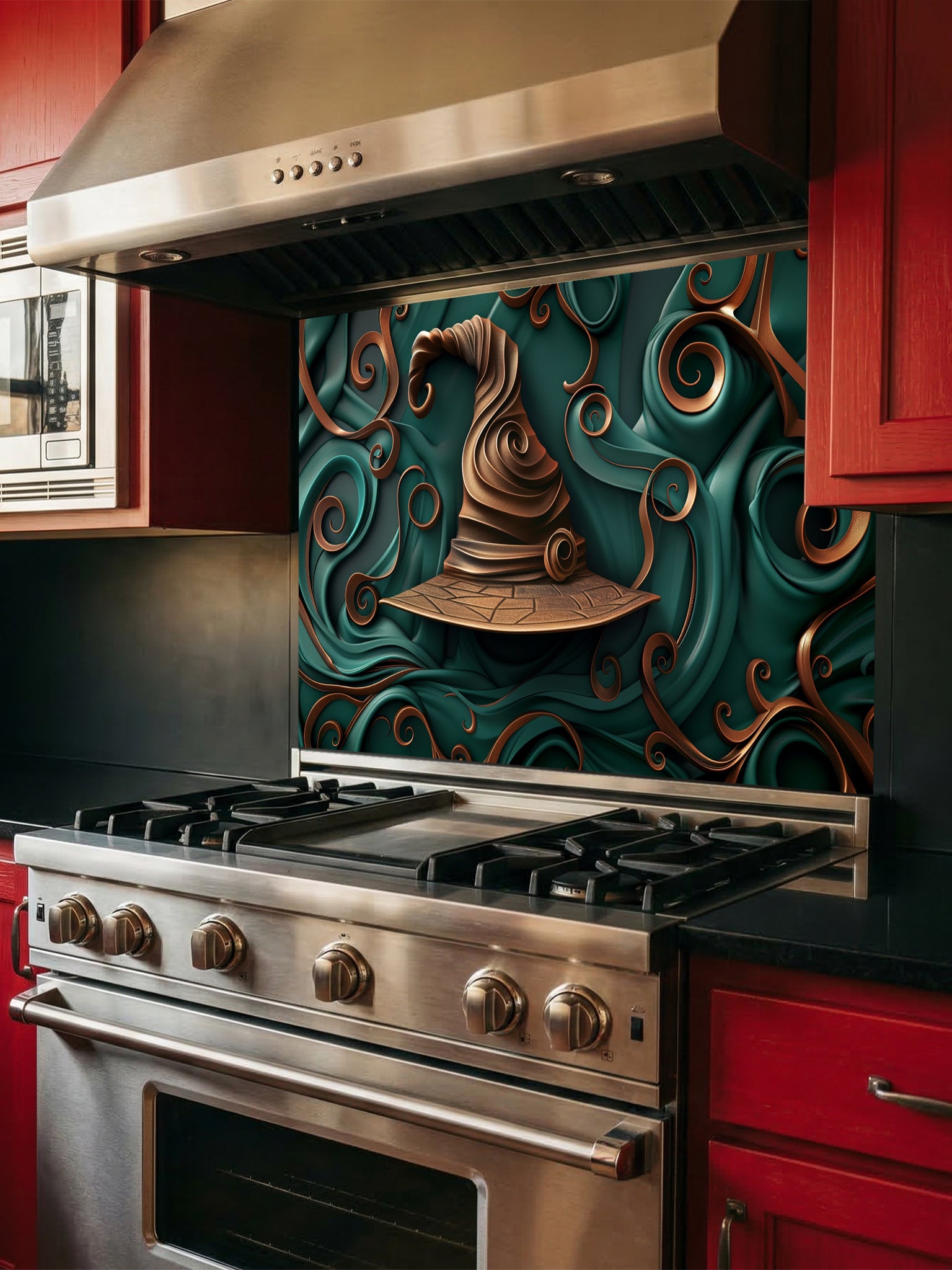 Tempered glass kitchen backsplash featuring a highly realistic 3D illusion of a sculpted, crooked bronze witch hat surrounded by heavy, flowing emerald green and copper ribbon-like swirls, installed behind a modern black stove.